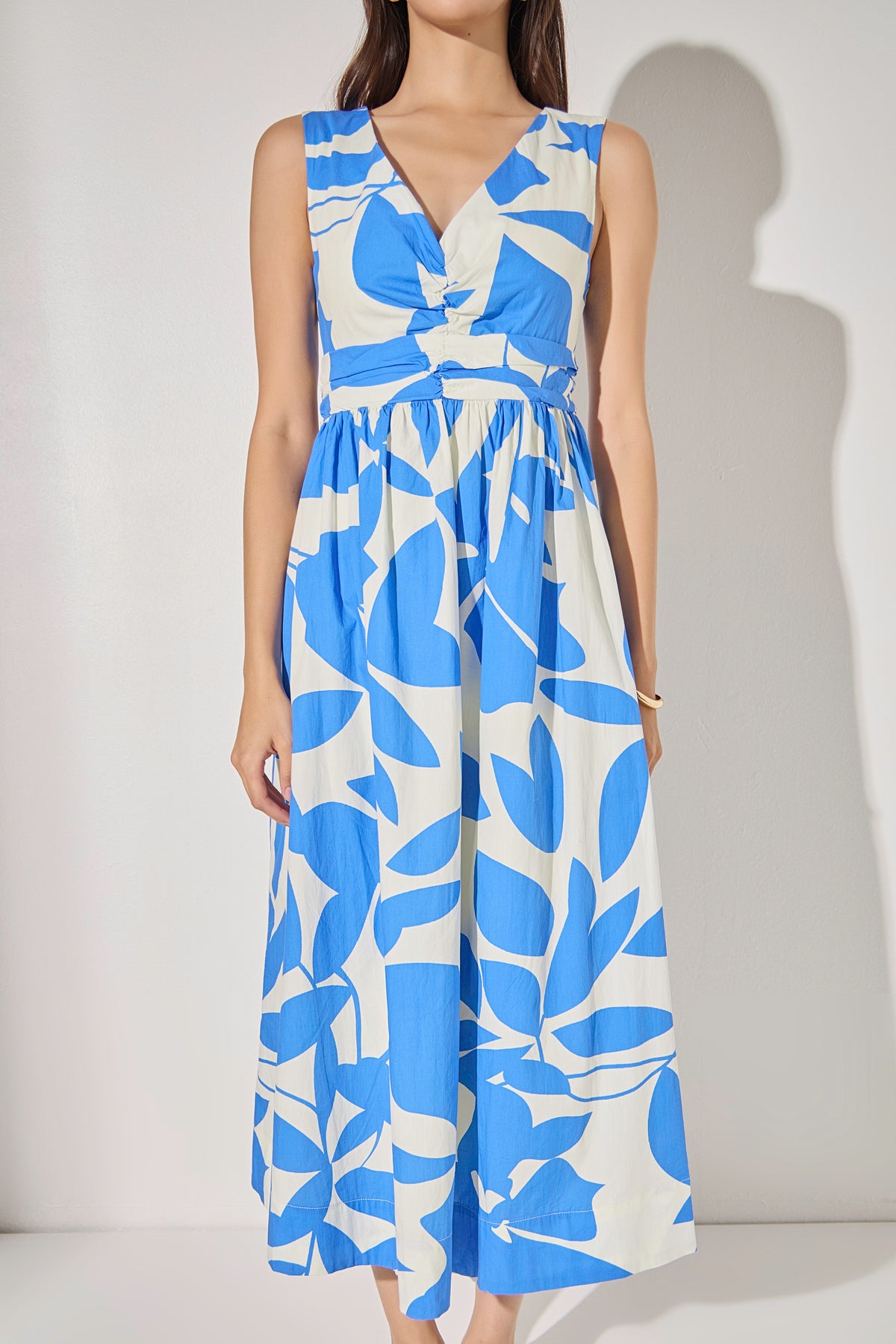 Puff Sleeve Print Ruched Midi Dress
