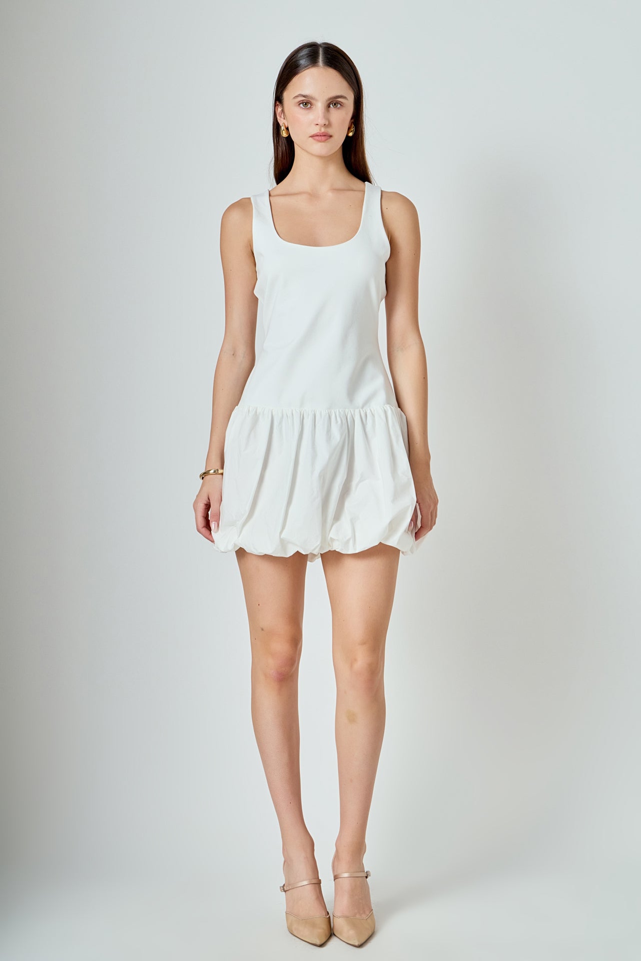 Quinn Mixed Media Scoop Neck Blouson Mini Dress Quinn Mixed Media Scoop Neck Blouson Mini Dress