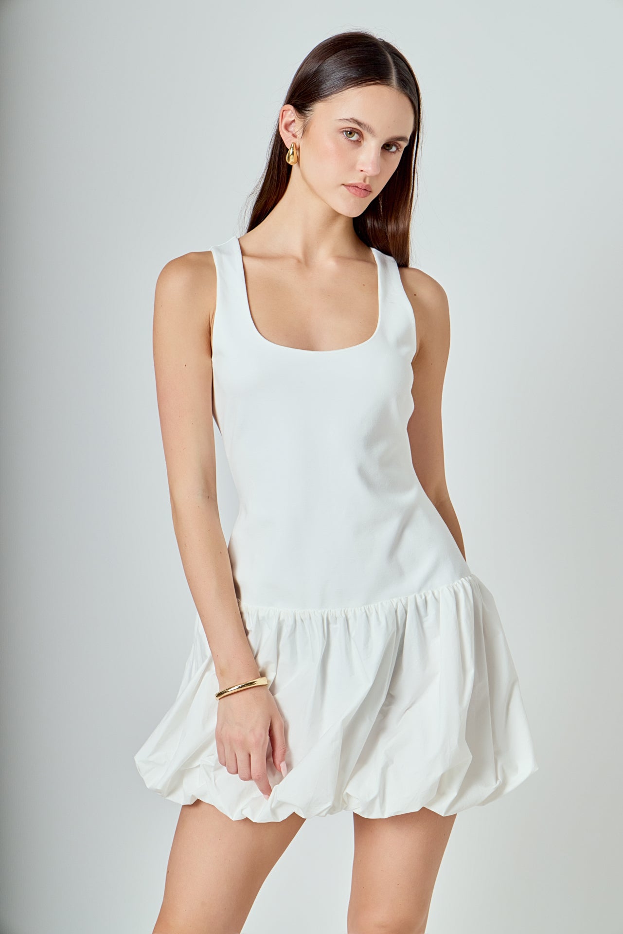 ENDLESS ROSE - Quinn Mixed Media Scoop Neck Blouson Mini Dress - DRESSES available at Objectrare