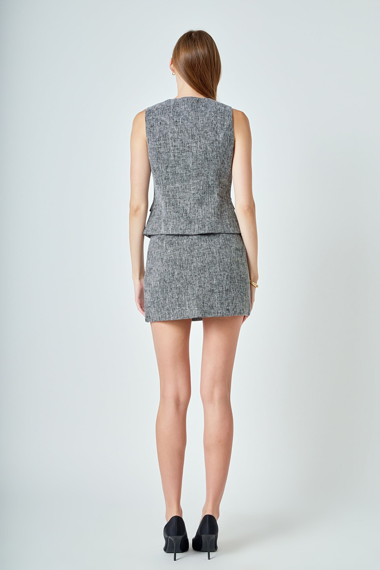 Tweed Front Slit Cutout Mini Skirt