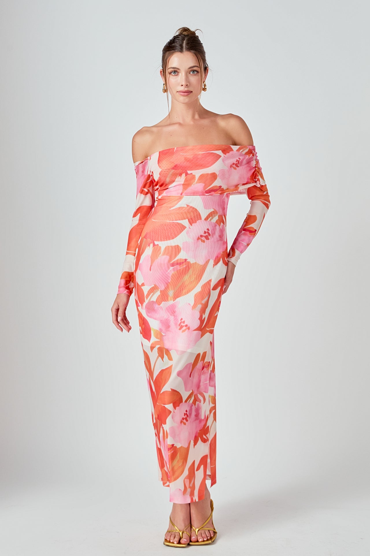 MARSY - Floral Mesh Off Shoulder Maxi Dress - DRESSES available at Objectrare