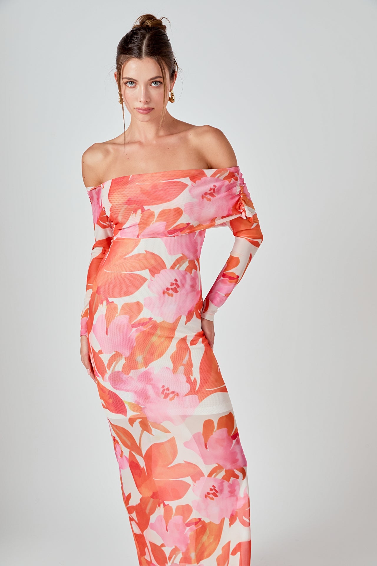 MARSY - Floral Mesh Off Shoulder Maxi Dress - DRESSES available at Objectrare