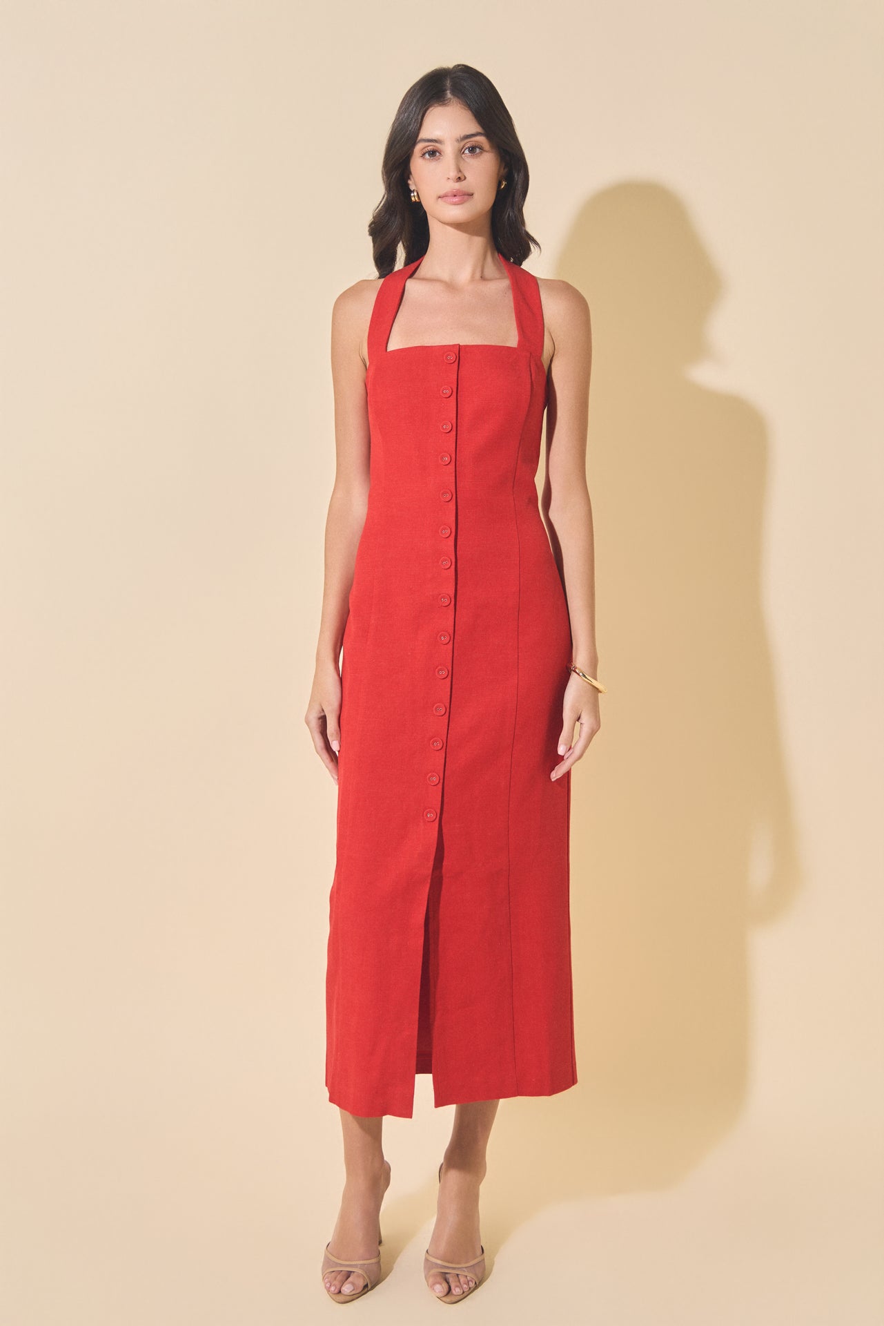 Linen Halter Neck Midi Dress RED / L