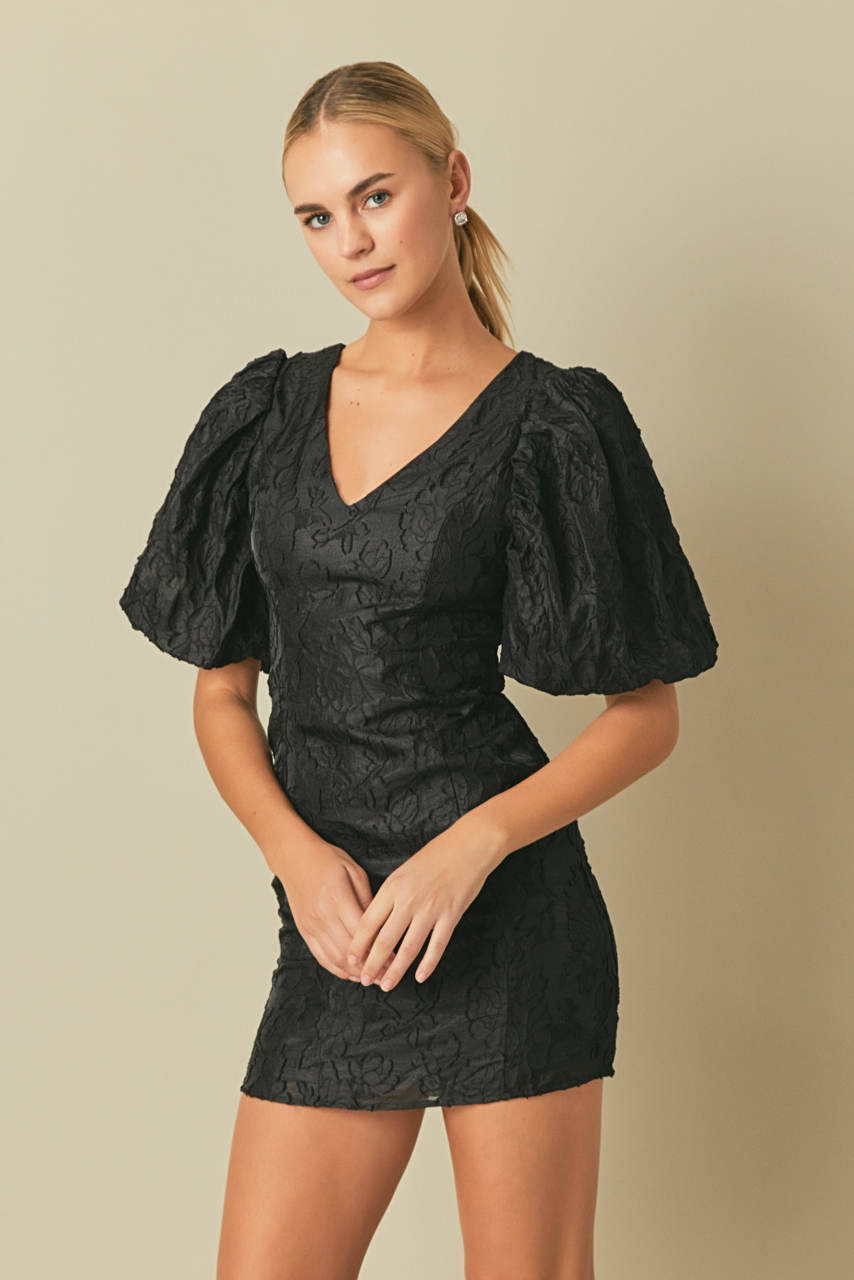 ENDLESS ROSE - Floral Jacquard Puff Sleeve Mini Dress - DRESSES available at Objectrare
