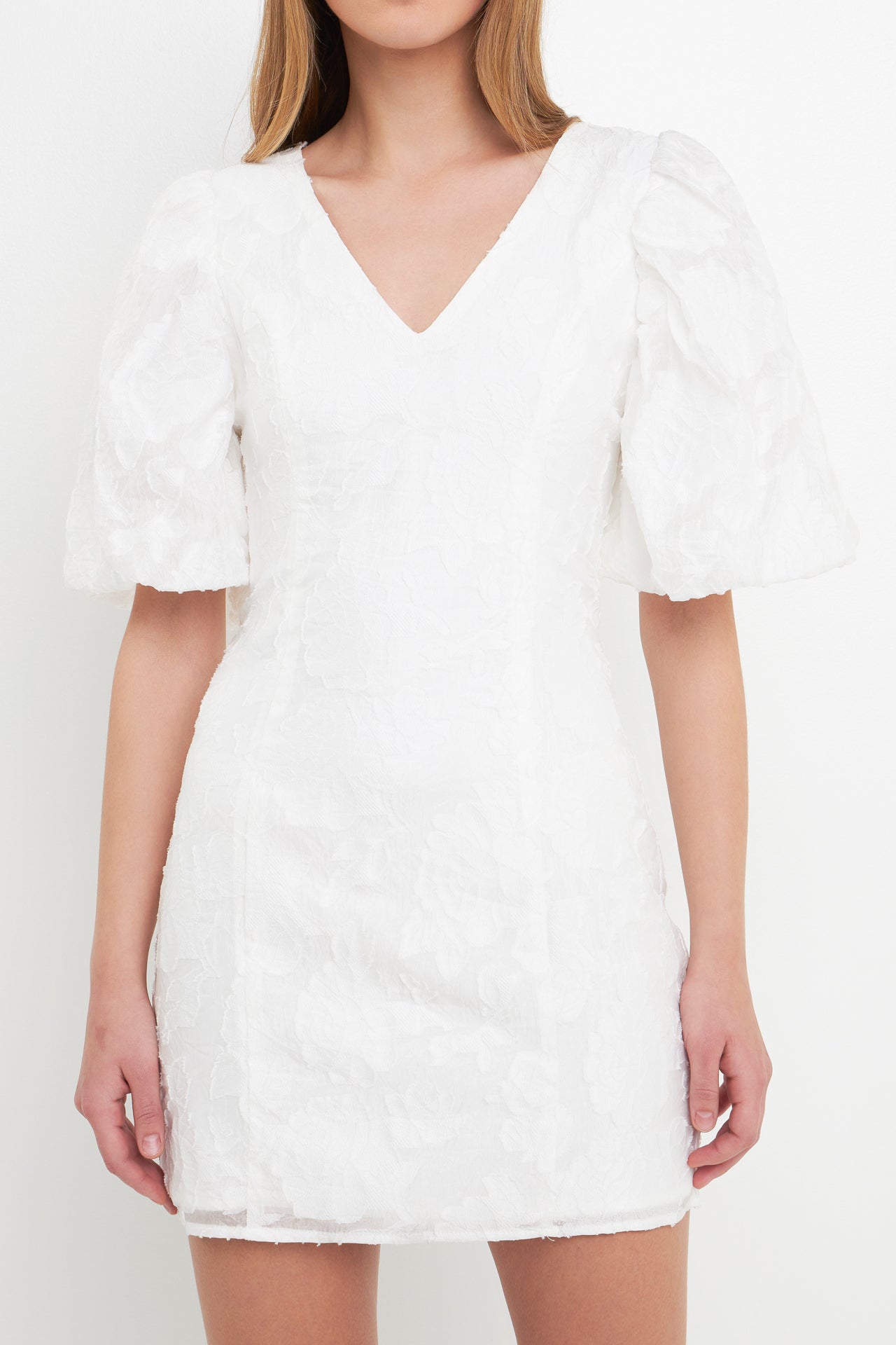 ENDLESS ROSE - Floral Jacquard Puff Sleeve Mini Dress - DRESSES available at Objectrare