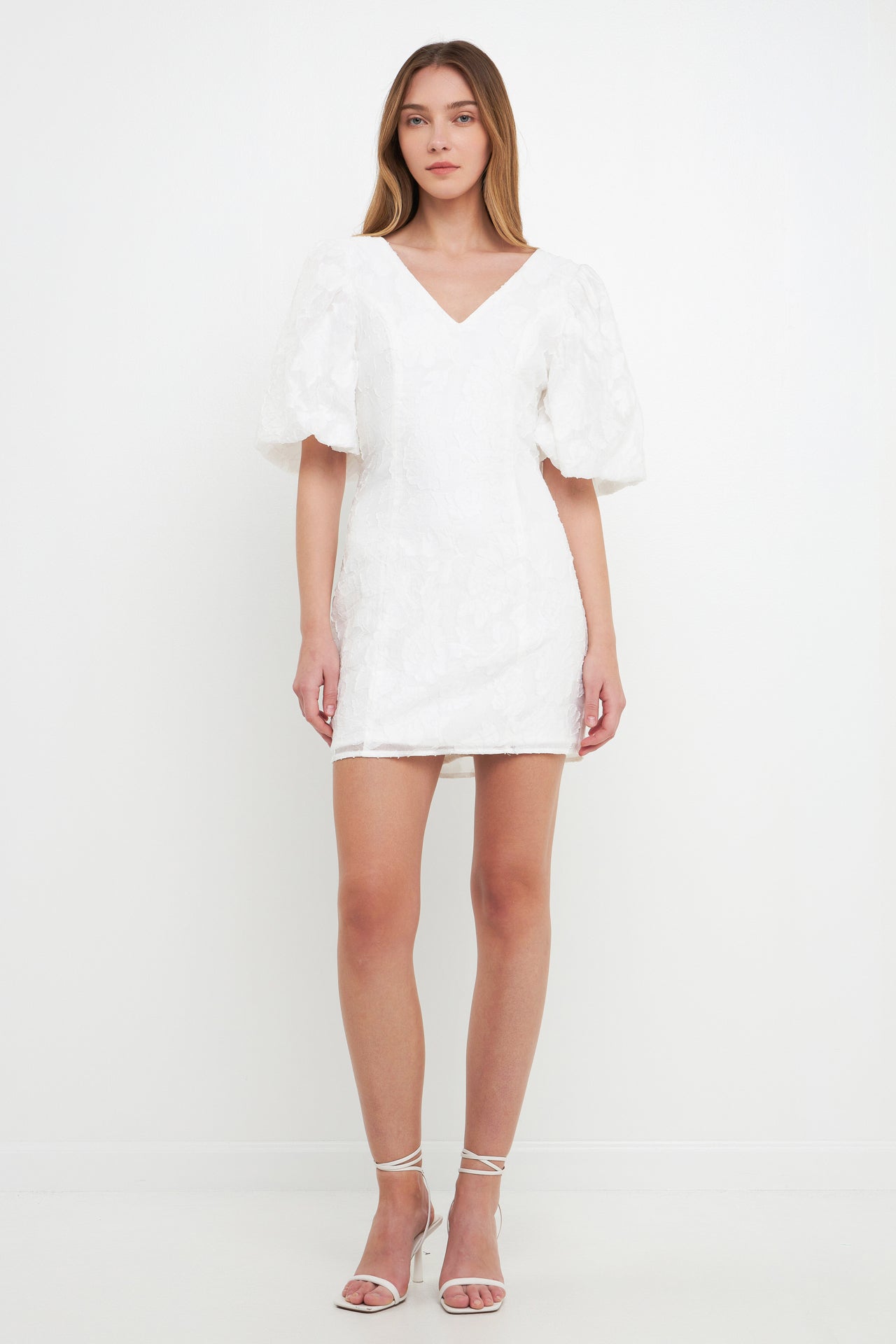 ENDLESS ROSE - Floral Jacquard Puff Sleeve Mini Dress - DRESSES available at Objectrare