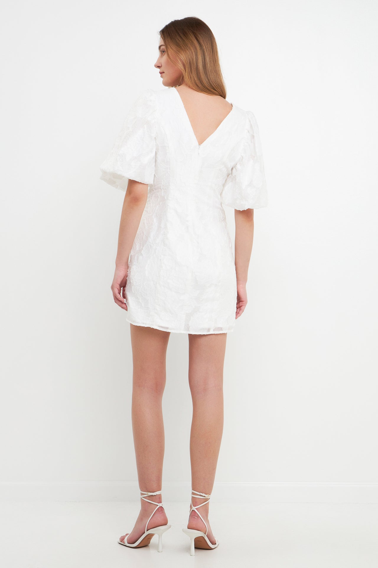 ENDLESS ROSE - Floral Jacquard Puff Sleeve Mini Dress - DRESSES available at Objectrare