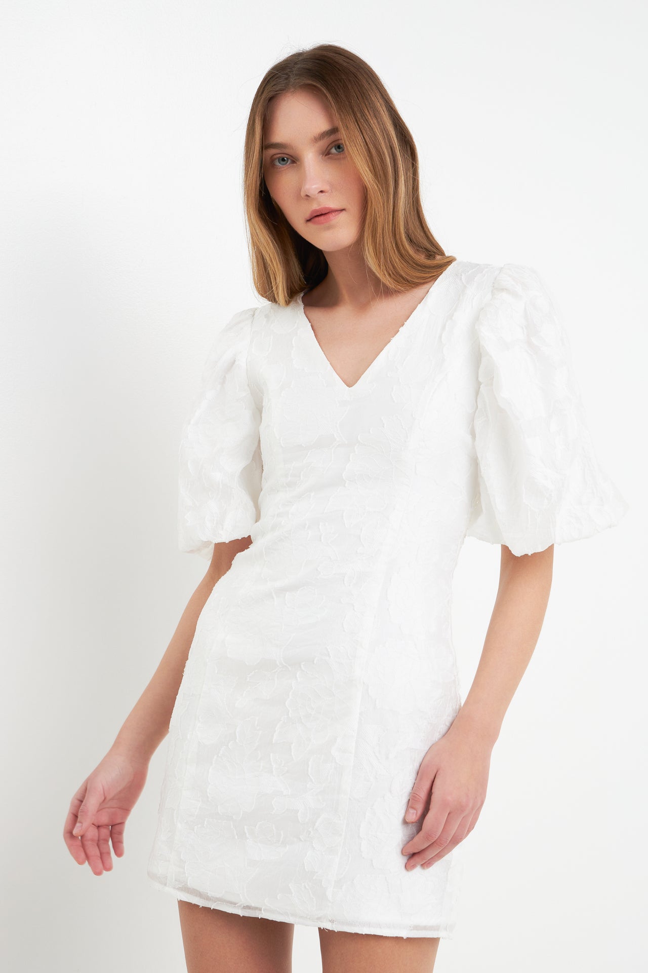 ENDLESS ROSE - Floral Jacquard Puff Sleeve Mini Dress - DRESSES available at Objectrare