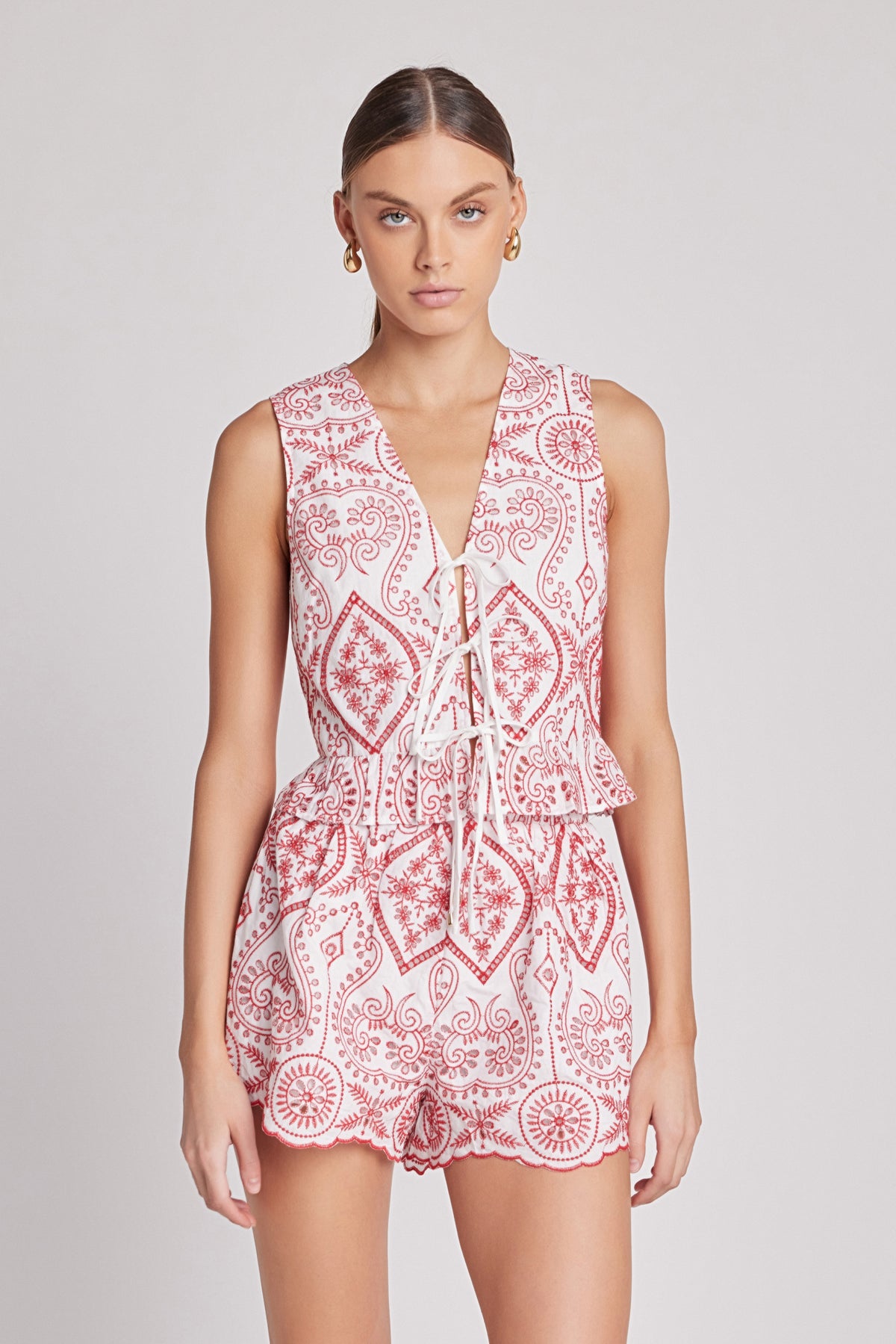 MARSY - Embroidered Front Tie Sleeveless Top - TOPS available at Objectrare