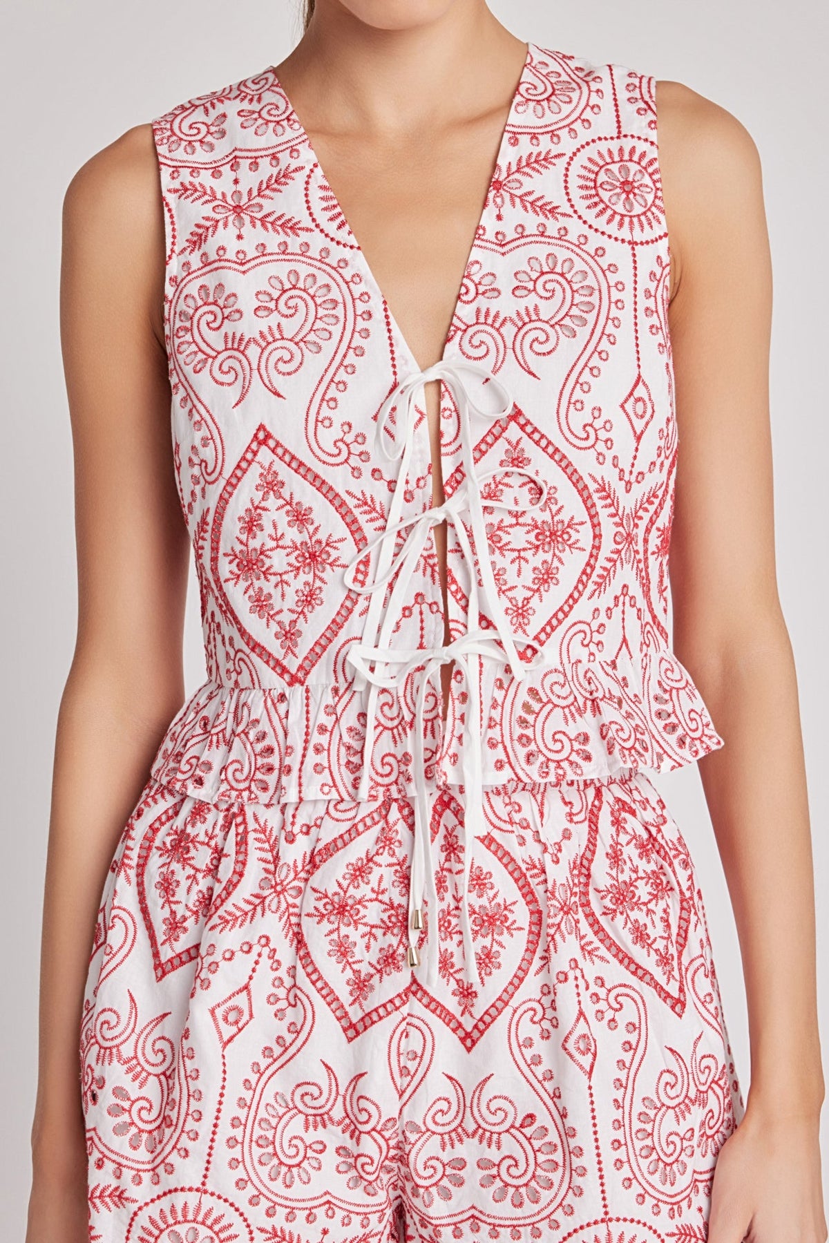 MARSY - Embroidered Front Tie Sleeveless Top - TOPS available at Objectrare