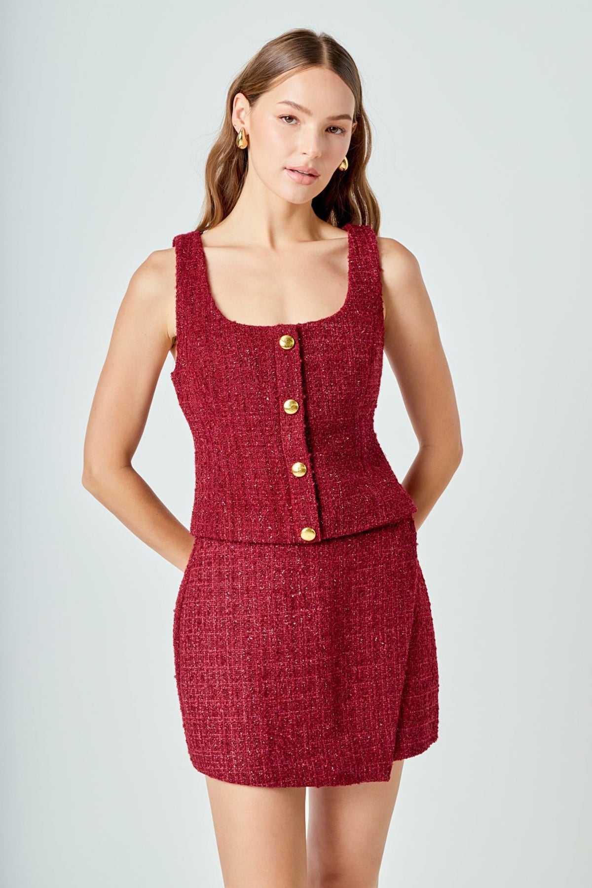 ENDLESS ROSE - Tweed Scoop Neck Buttoned Top - TOPS available at Objectrare