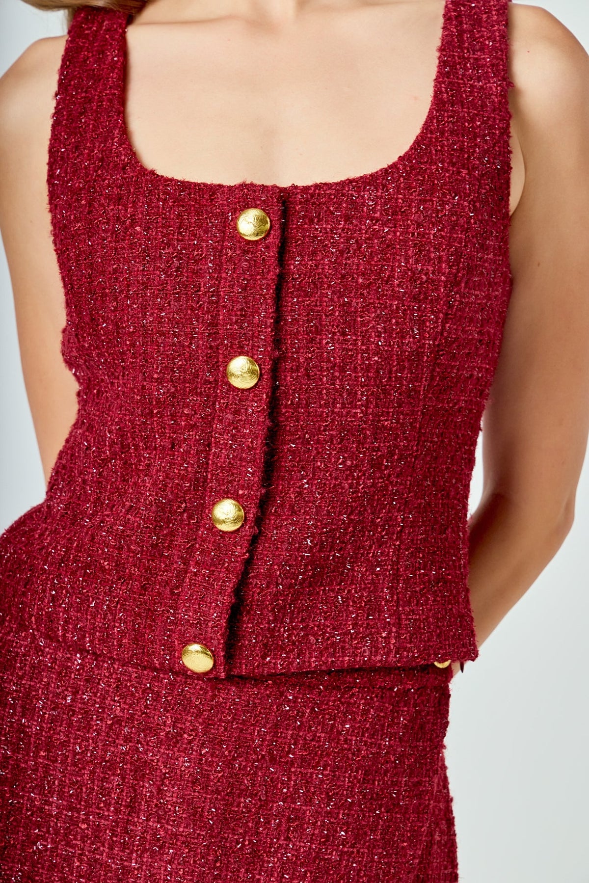 ENDLESS ROSE - Tweed Scoop Neck Buttoned Top - TOPS available at Objectrare