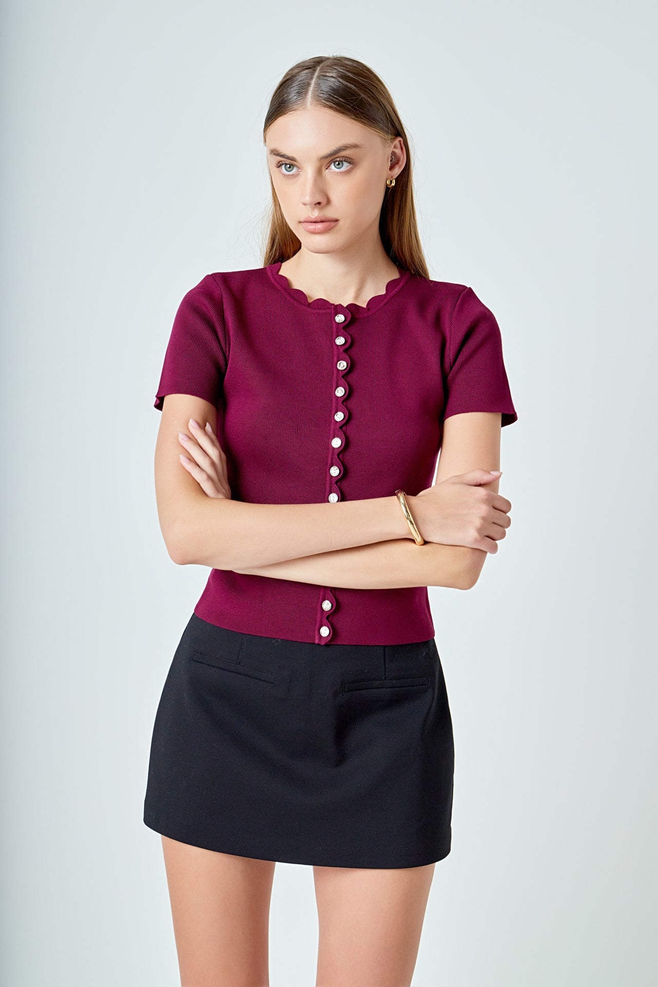 ENDLESS ROSE - Scalloped Accent Button Knit Top - TOPS available at Objectrare