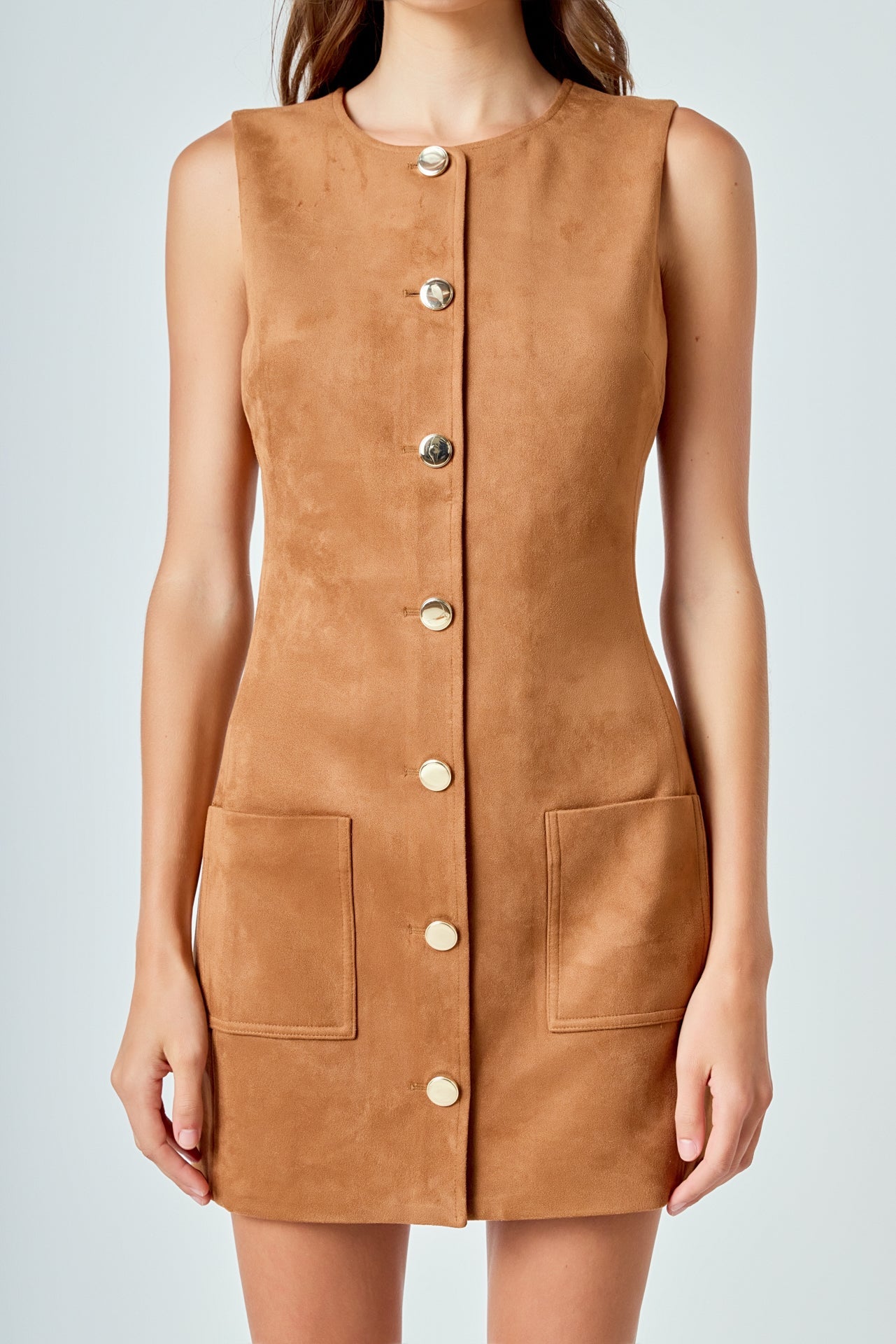 ENDLESS ROSE - Faux Suede Round Neck Buttoned Mini Dress - DRESSES available at Objectrare