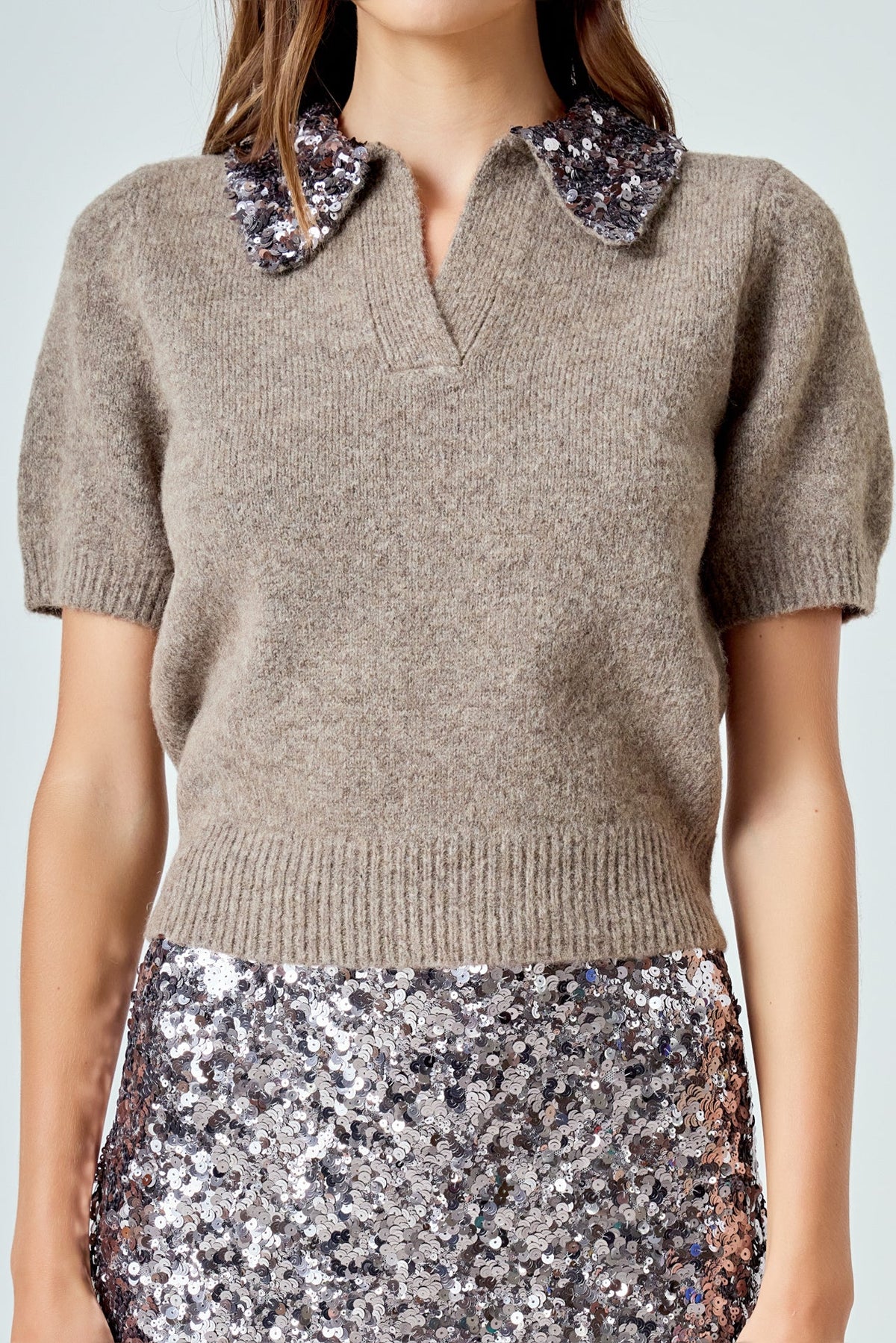 ENDLESS ROSE - Sequin Accent Collar Knit Sweater Top - SWEATERS & KNITS available at Objectrare