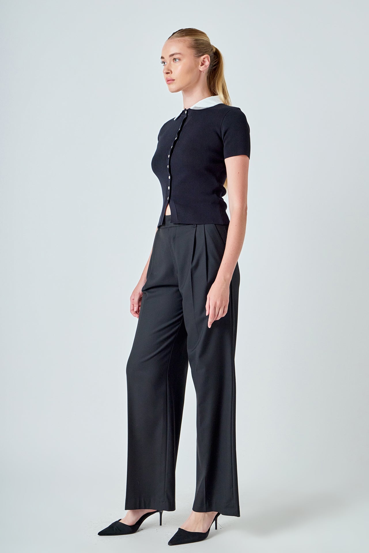 ENDLESS ROSE - Jewel Buttoned Collared Color Block Top - TOPS available at Objectrare