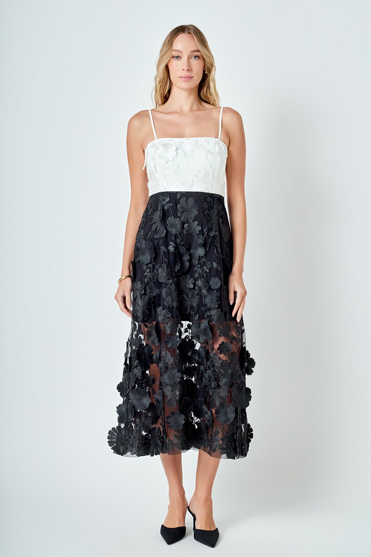 Endless Rose Women's Floral Colorblock Applique Midi Dress - White/black
