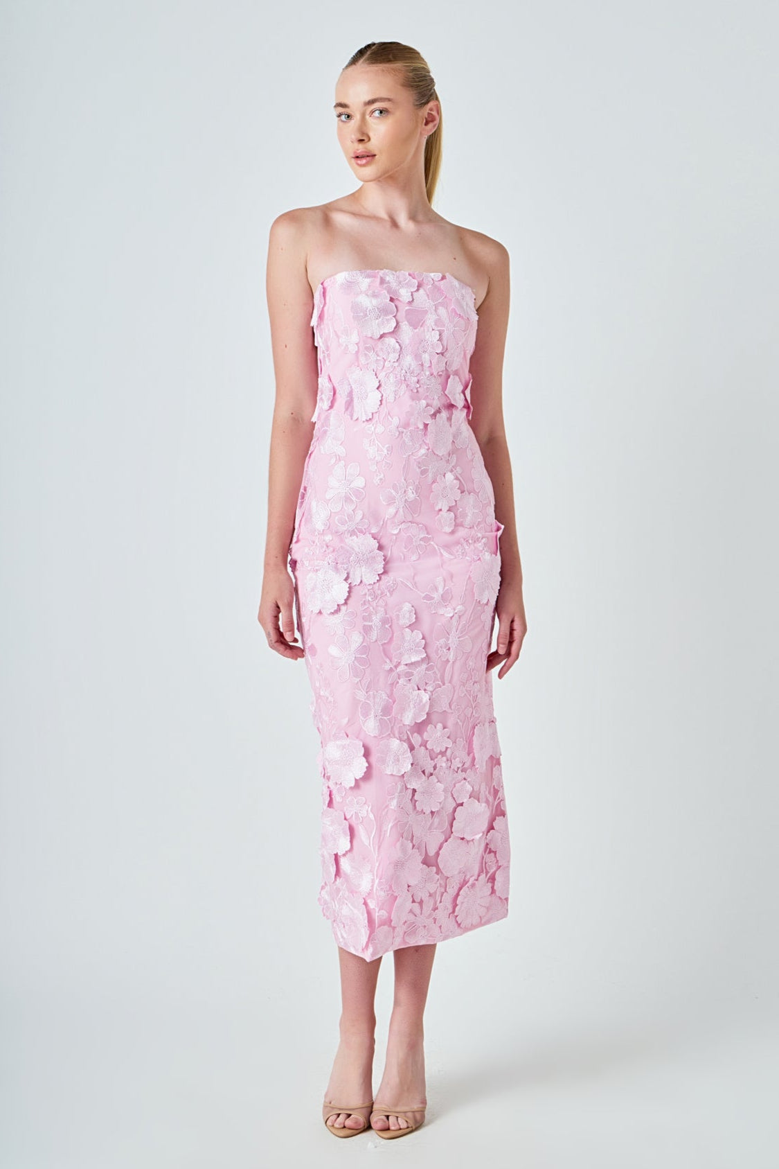 ENDLESS ROSE - Strapless 3D applique Midi Dress - DRESSES available at Objectrare