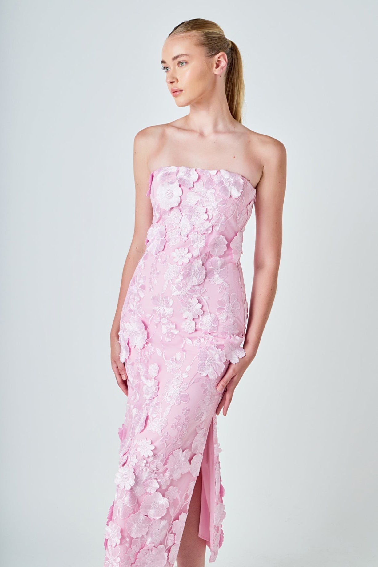 ENDLESS ROSE - Strapless 3D applique Midi Dress - DRESSES available at Objectrare