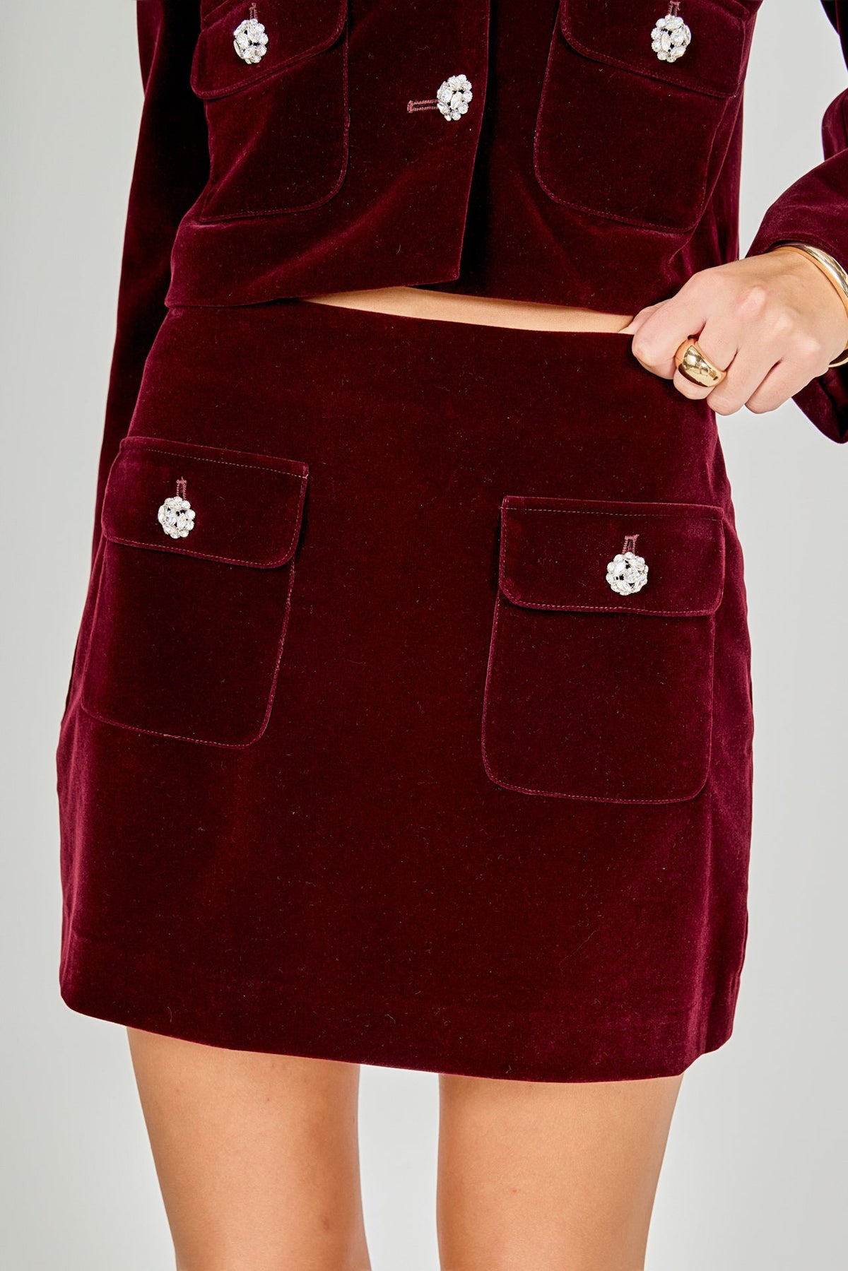 ENDLESS ROSE - Velvet Jeweled Button Mini Skirt - SKIRTS available at Objectrare