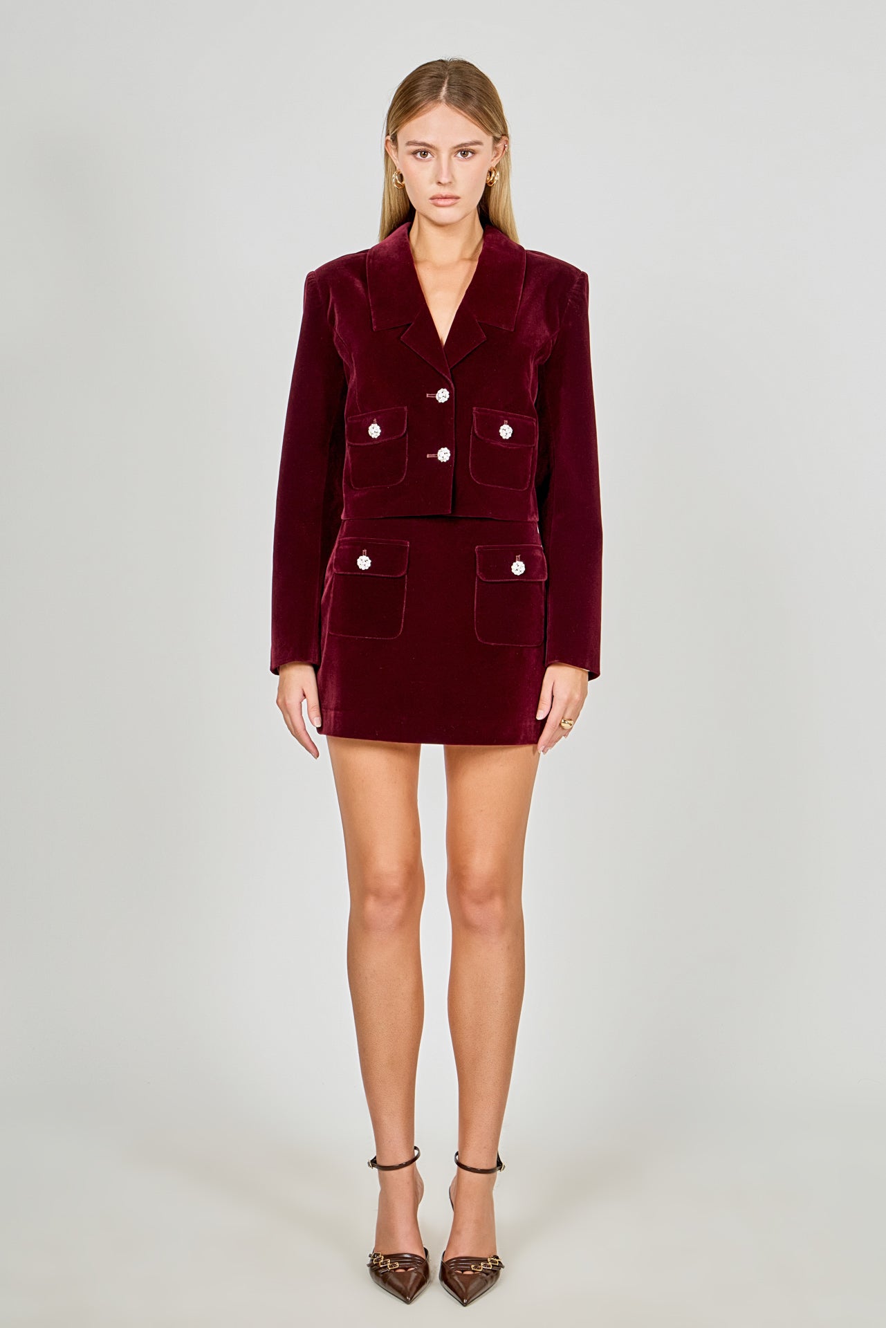 Velvet Jeweled Button Mini Skirt