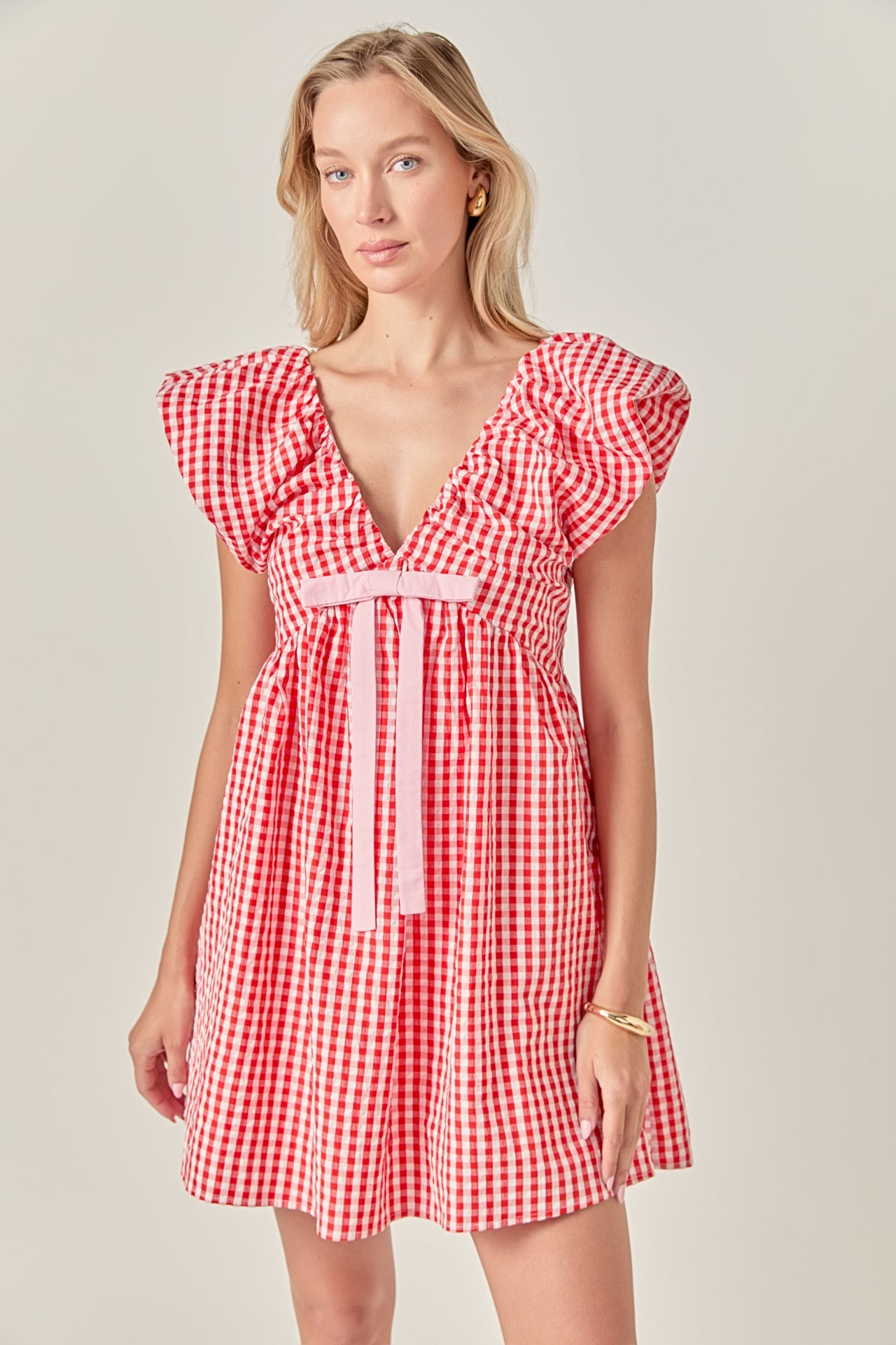 LA'VEN - Gingham Blouson Shoulder Mini Dress - DRESSES available at Objectrare