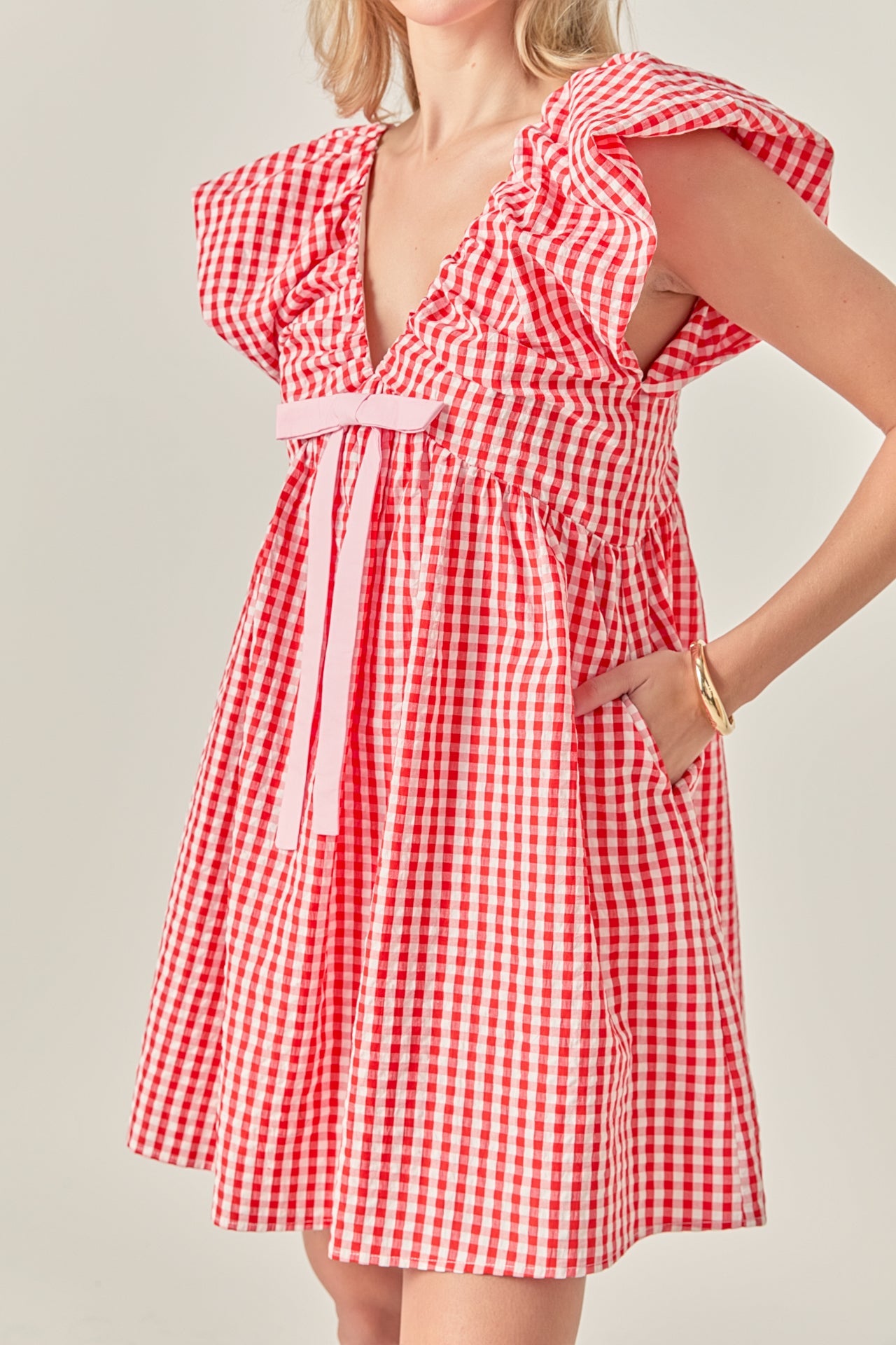 LA'VEN - Gingham Blouson Shoulder Mini Dress - DRESSES available at Objectrare