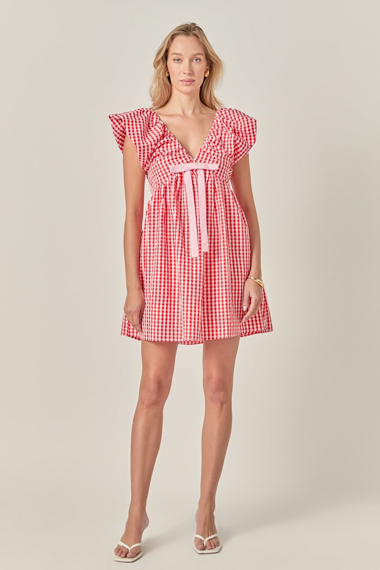 LA'VEN - Gingham Blouson Shoulder Mini Dress - DRESSES available at Objectrare