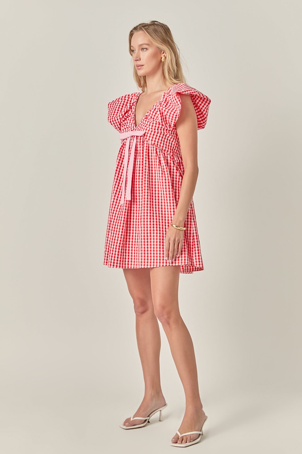 LA'VEN - Gingham Blouson Shoulder Mini Dress - DRESSES available at Objectrare
