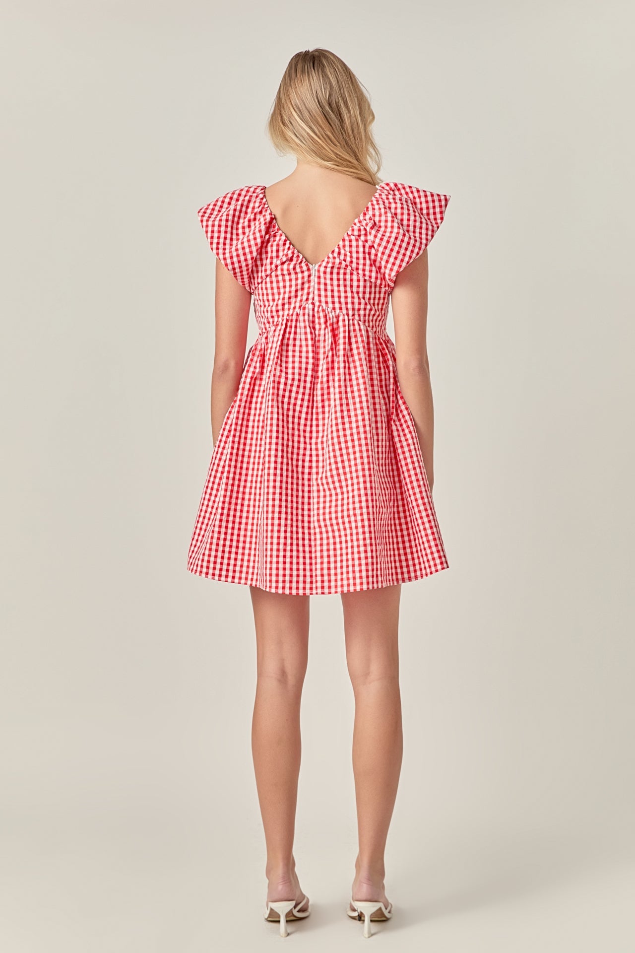 LA'VEN - Gingham Blouson Shoulder Mini Dress - DRESSES available at Objectrare