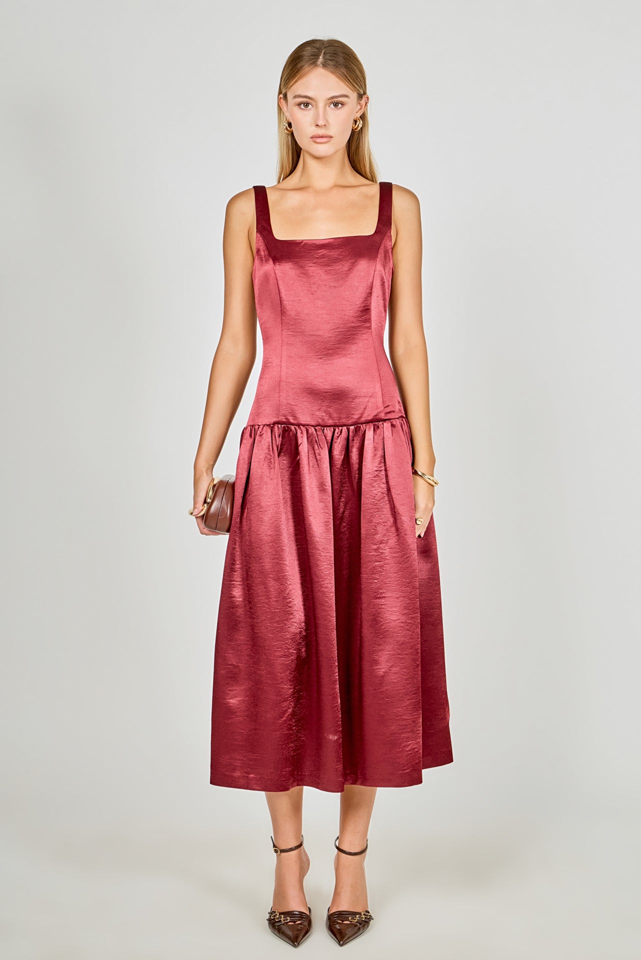 Satin Velvet Drop Waist Midi Dress