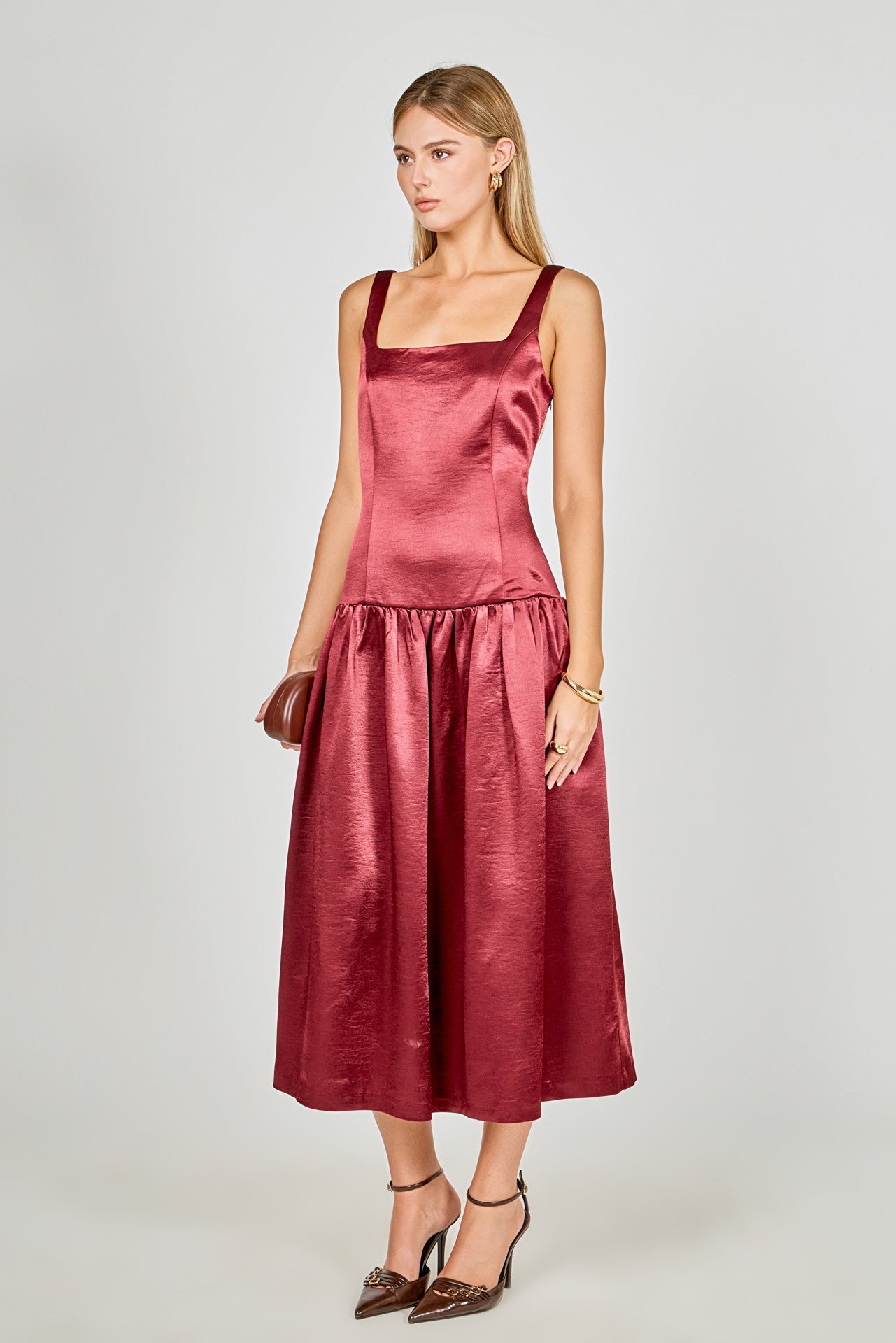 Satin Velvet Drop Waist Midi Dress