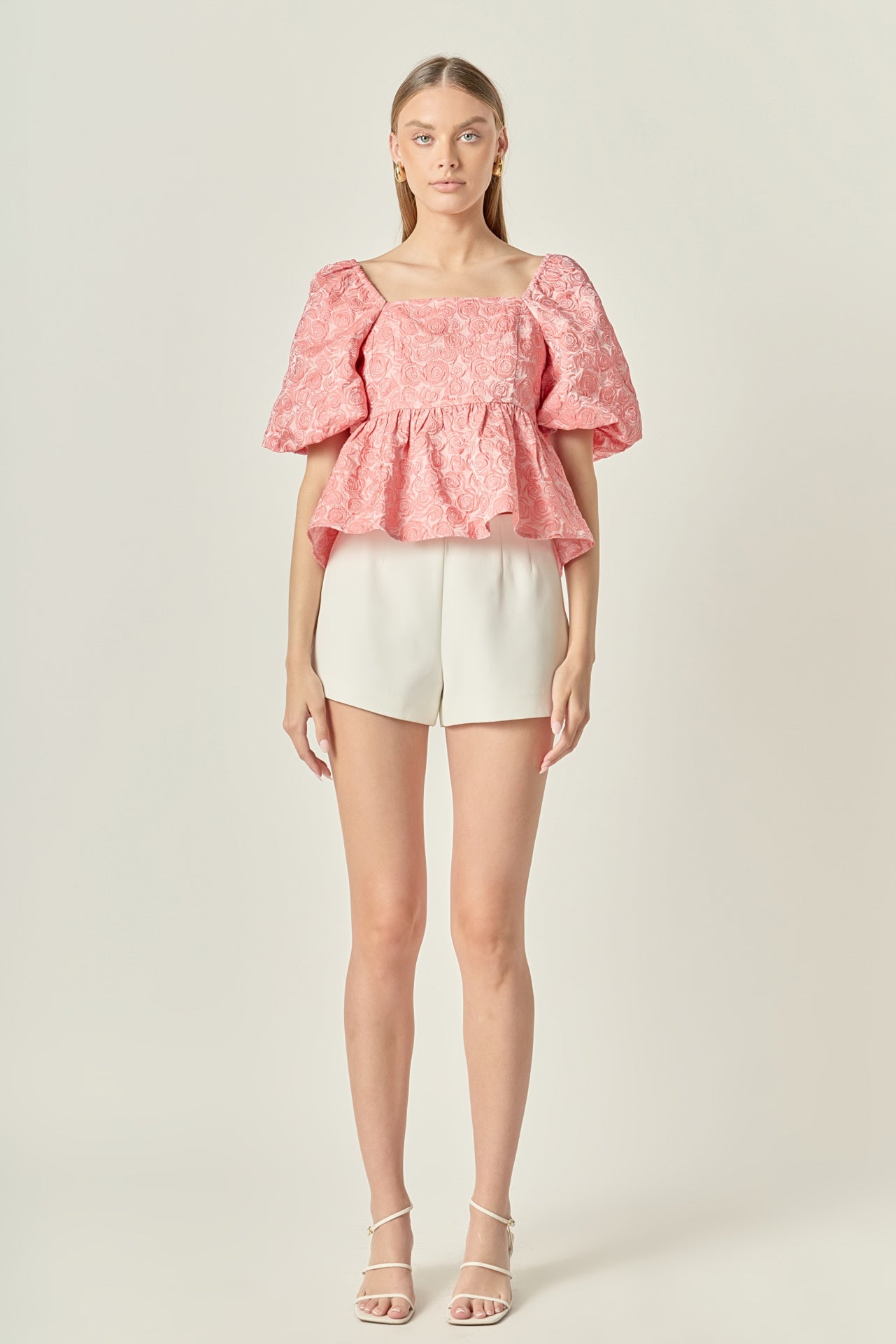 LA'VEN - Jacquard Puff Sleeve Open Back Top - TOPS available at Objectrare