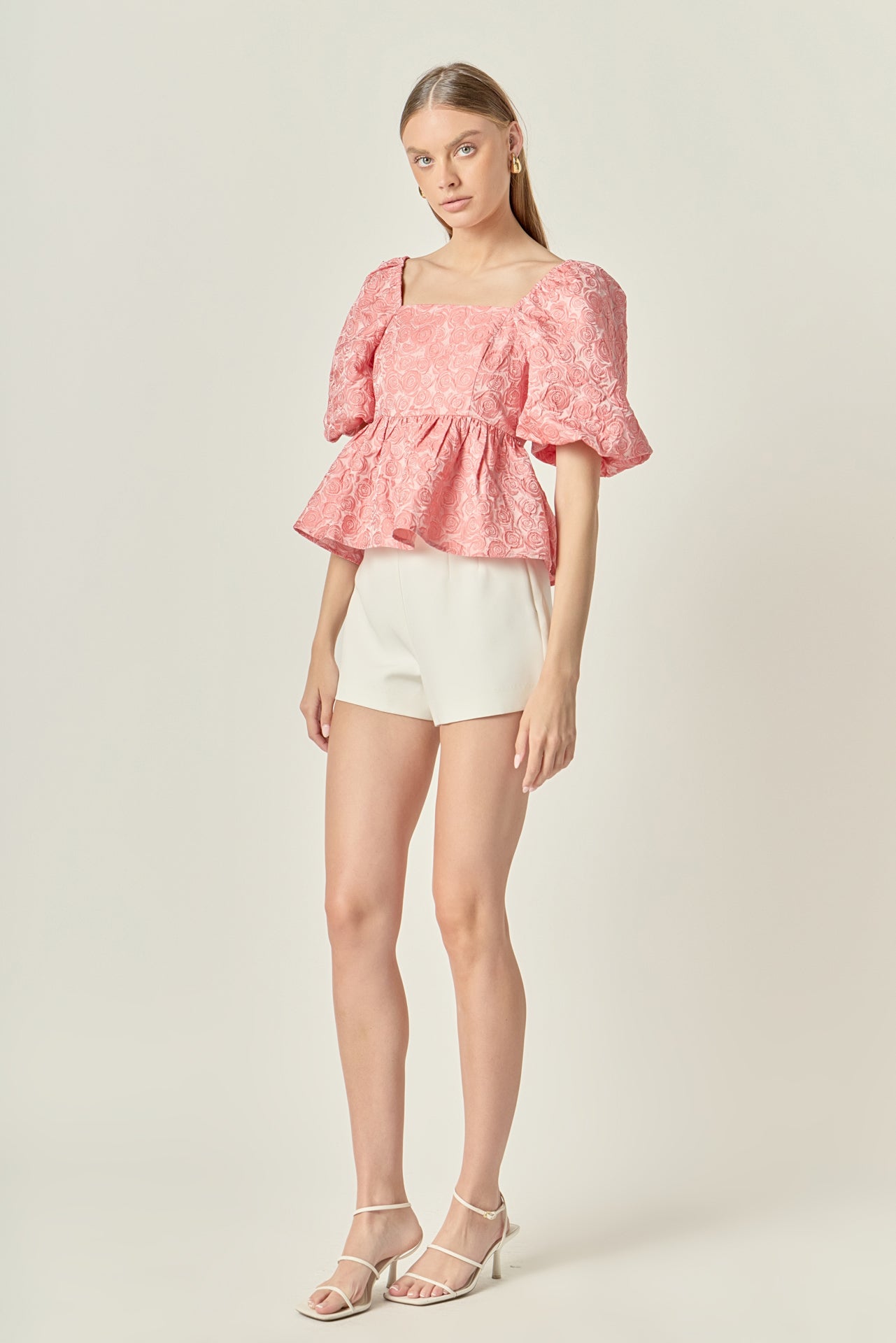 LA'VEN - Jacquard Puff Sleeve Open Back Top - TOPS available at Objectrare