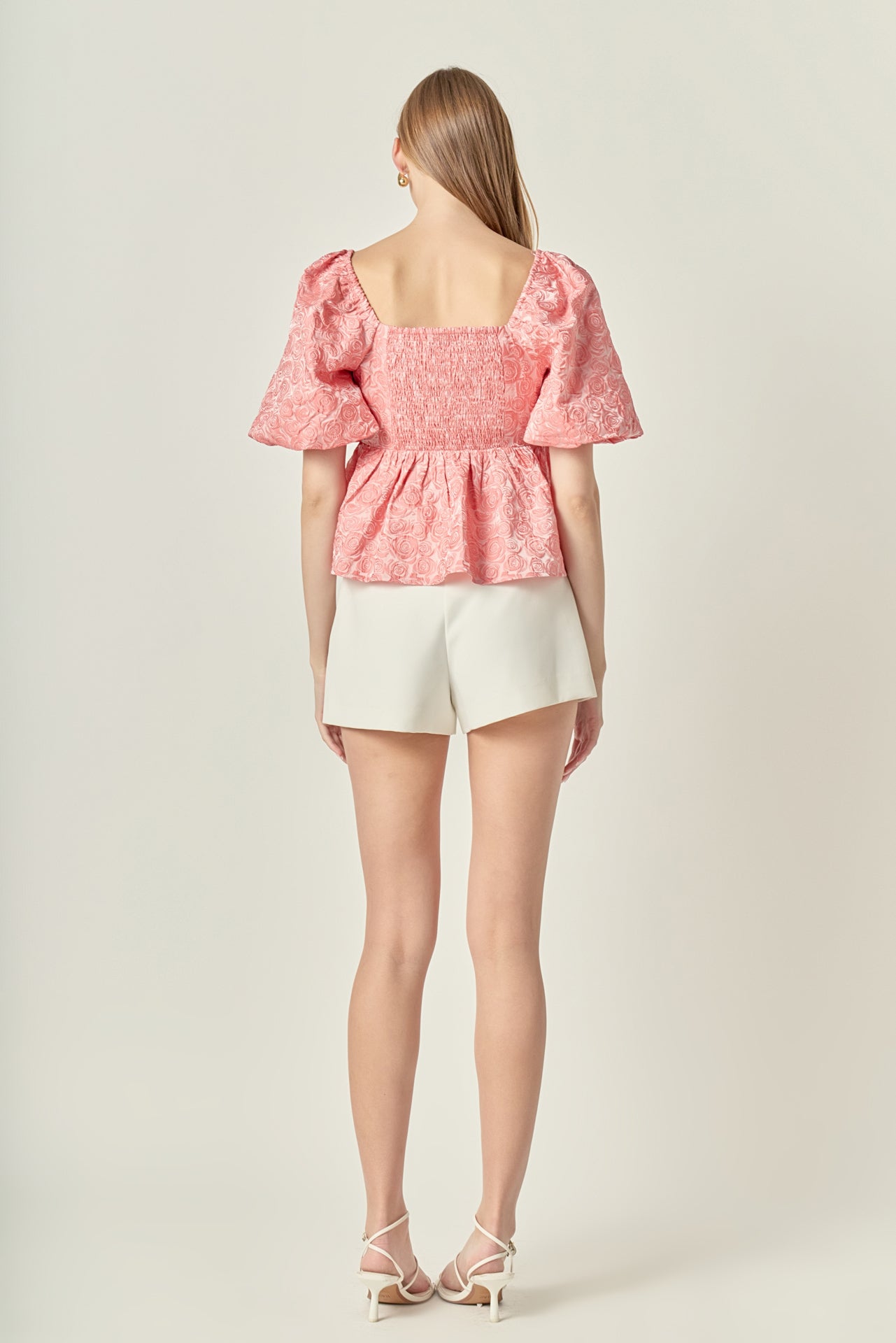 LA'VEN - Jacquard Puff Sleeve Open Back Top - TOPS available at Objectrare