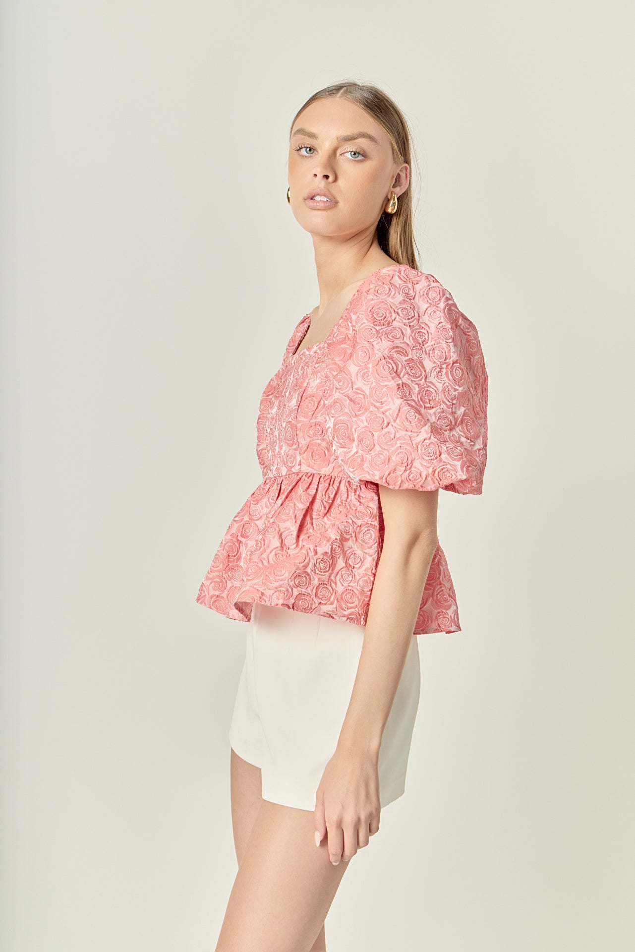 LA'VEN - Jacquard Puff Sleeve Open Back Top - TOPS available at Objectrare