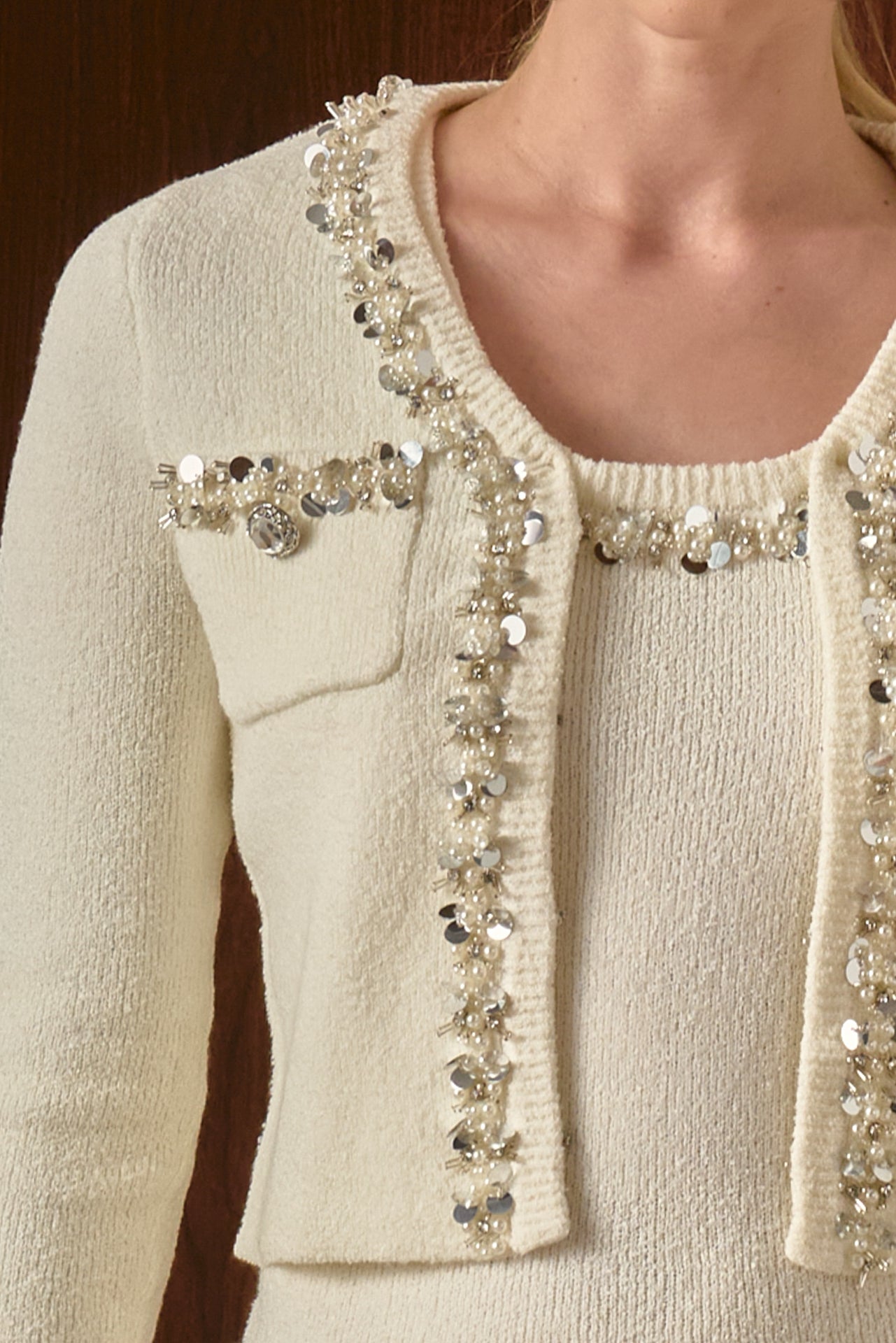 Boucle Knit Jewel Trim Cardigan