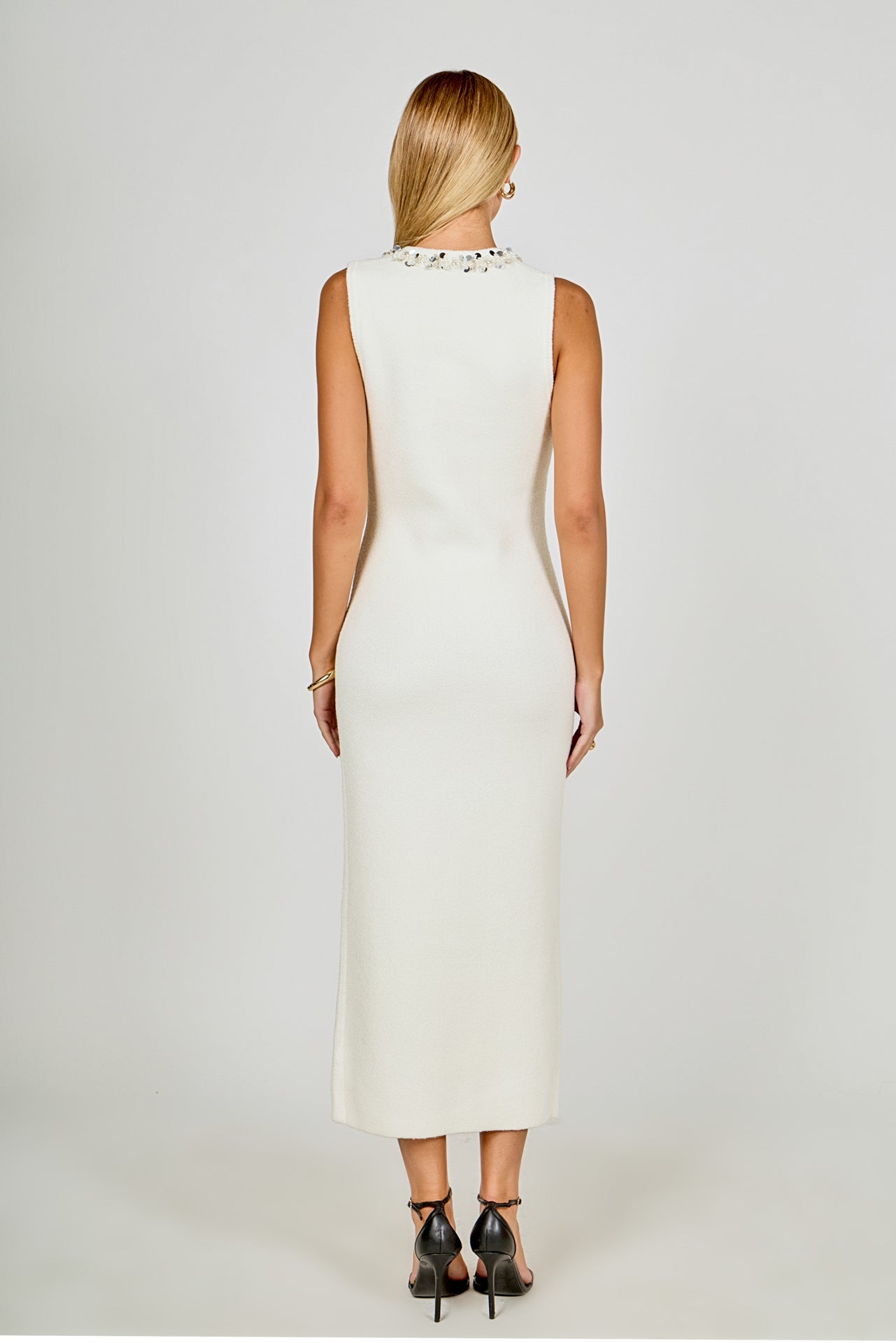 Boucle Knit Jewel Trim Midi Dress