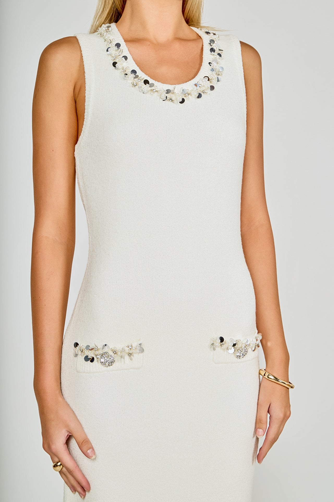 Boucle Knit Jewel Trim Midi Dress