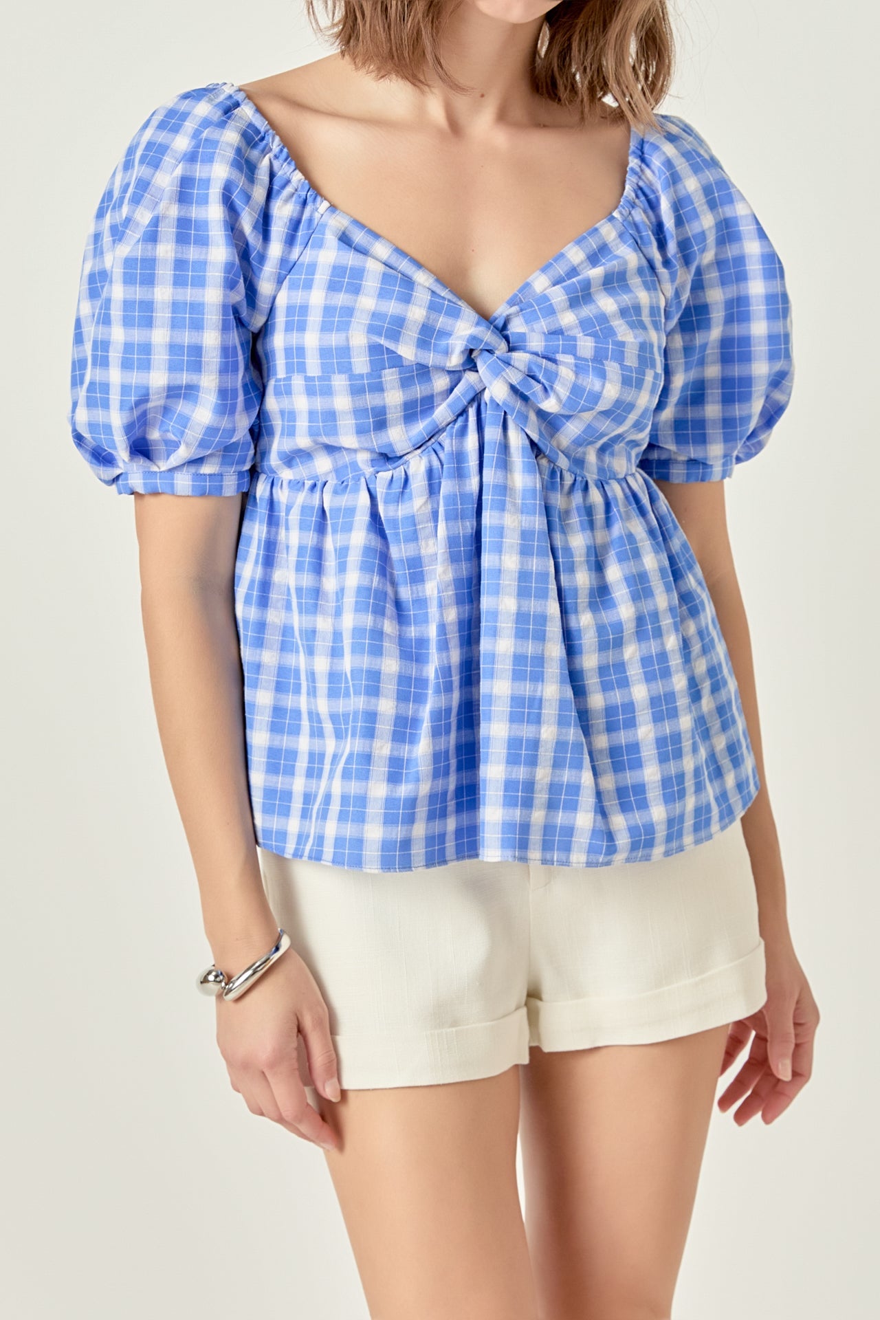 ENGLISH FACTORY - Gingham Twisted Puff Sleeve Top - TOPS available at Objectrare