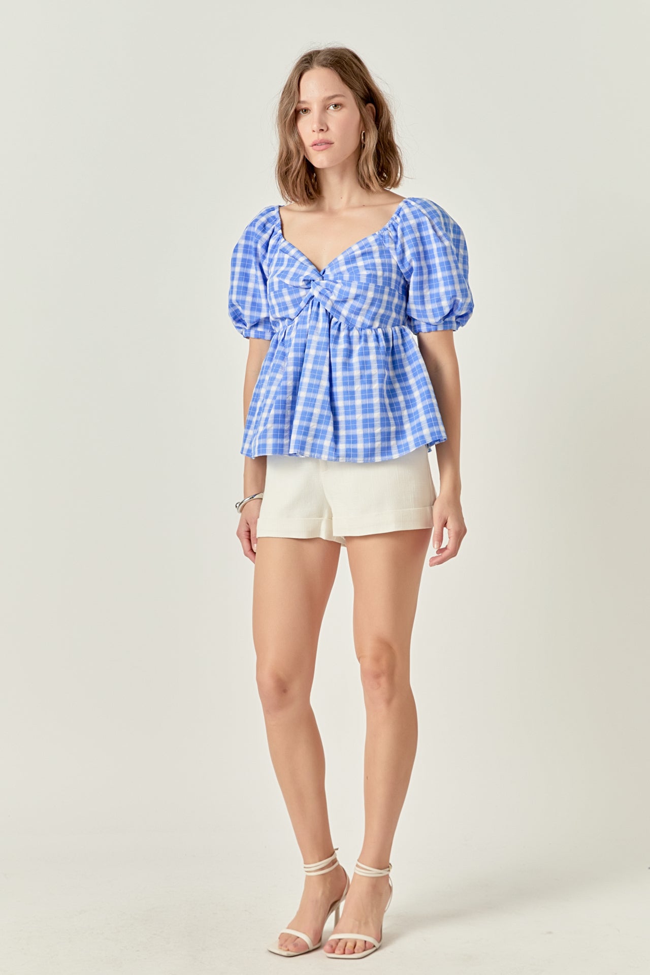 ENGLISH FACTORY - Gingham Twisted Puff Sleeve Top - TOPS available at Objectrare