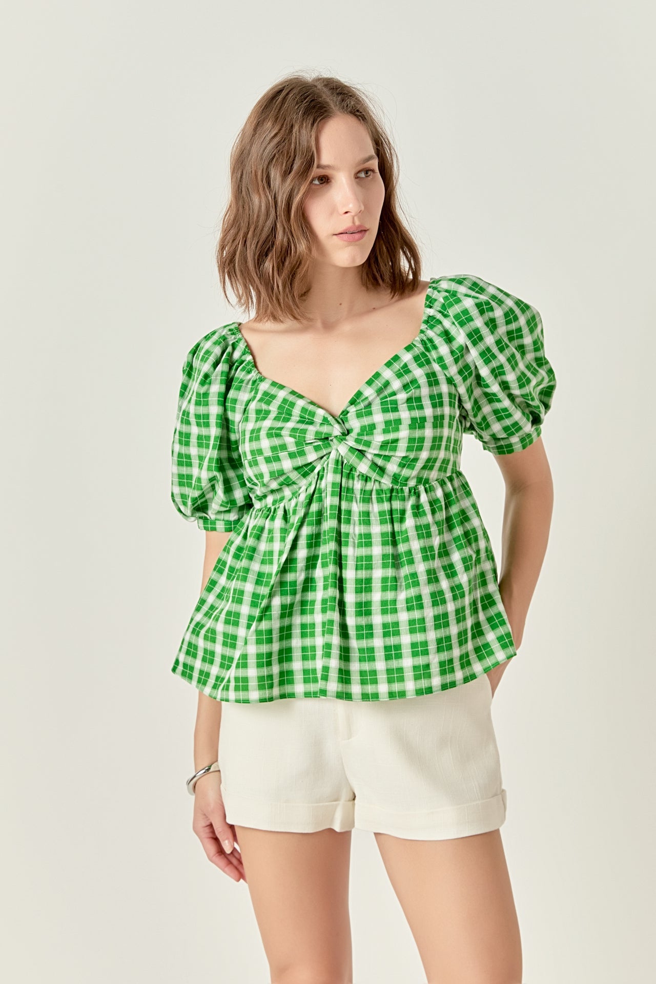 ENGLISH FACTORY - Gingham Twisted Puff Sleeve Top - TOPS available at Objectrare