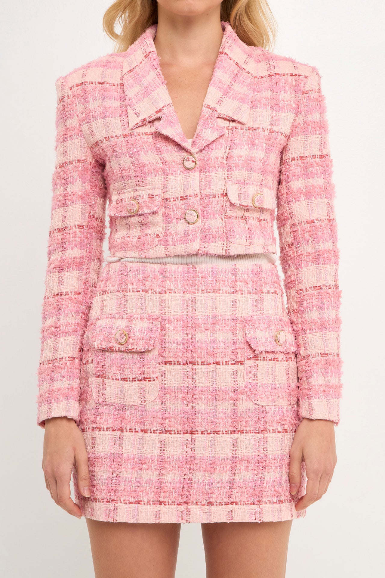 ENDLESS ROSE - Cropped Collared Tweed Blazer - BLAZERS available at Objectrare