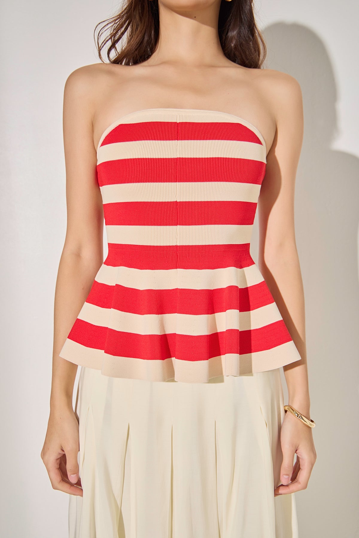 Striped Strapless Knit Peplum Tops