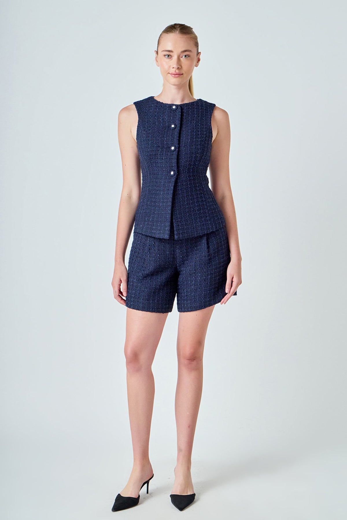 ENDLESS ROSE - Tweed Buttoned Sleeveless Top - TOPS available at Objectrare