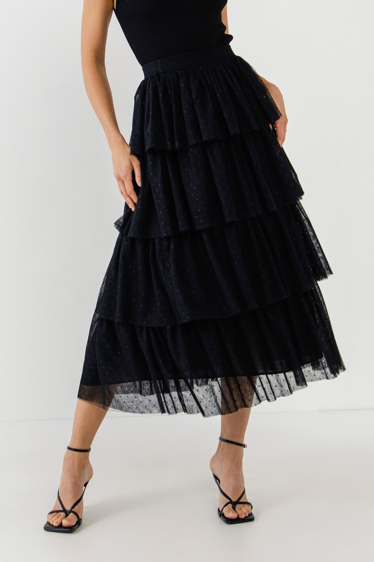 Pleated Swiss Dot Mesh Skirt