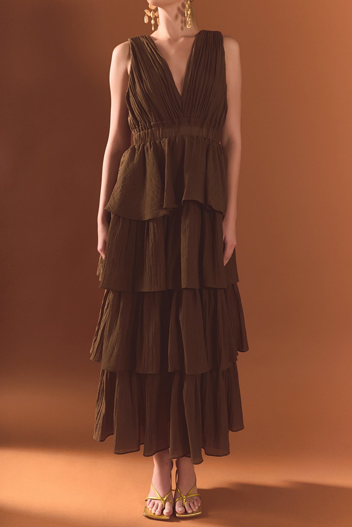 Crinkled Deep V Tiered Maxi Dress