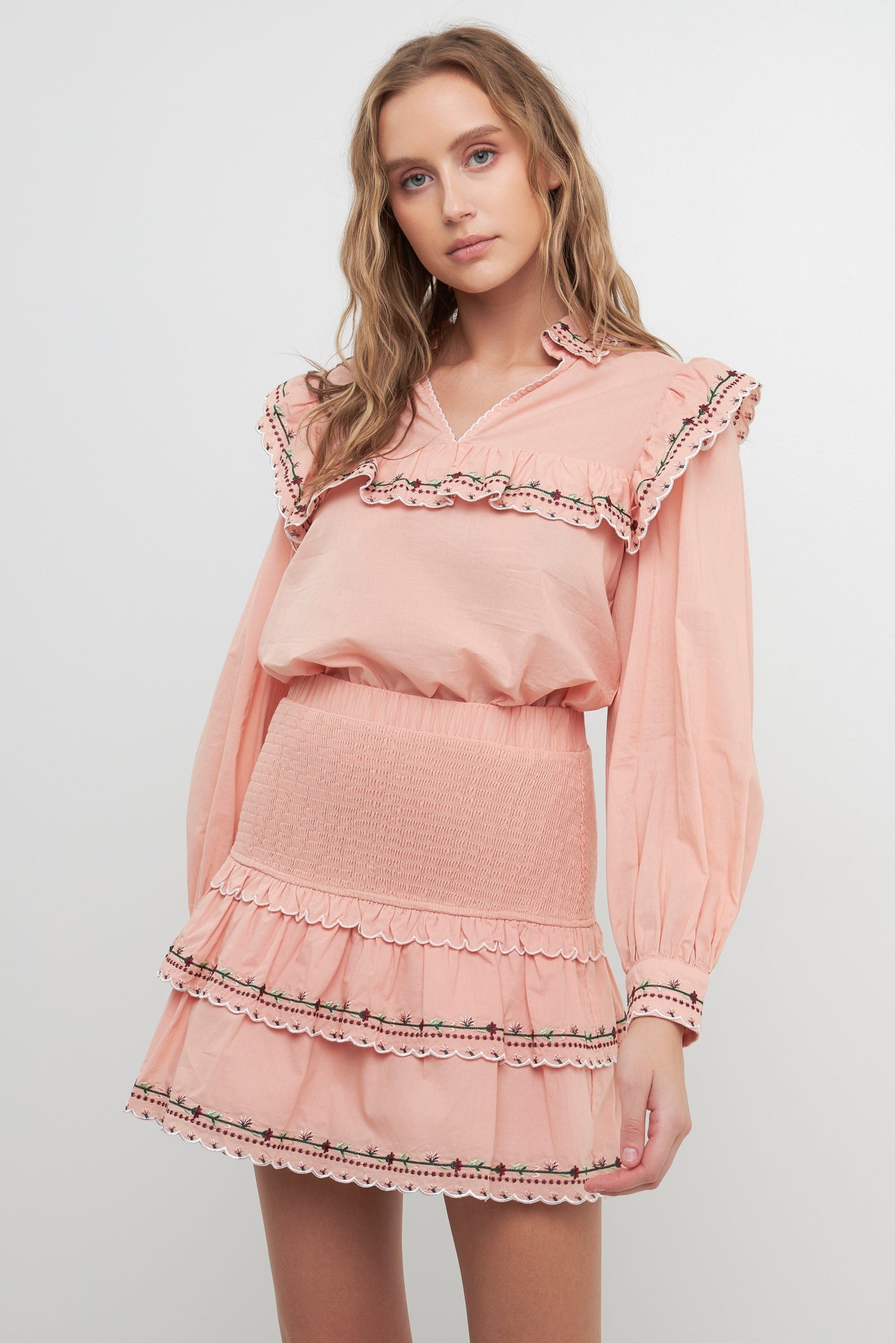 FREE THE ROSES - Floral Embroidered Smocked Mini Skirt - SKIRTS available at Objectrare