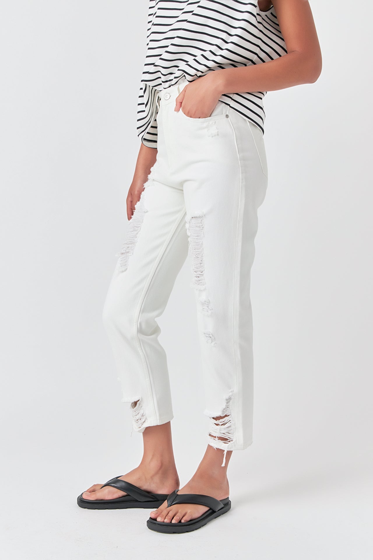 GREY LAB - High-Waisted Distressed Straight Leg Jeans - JEANS available at Objectrare
