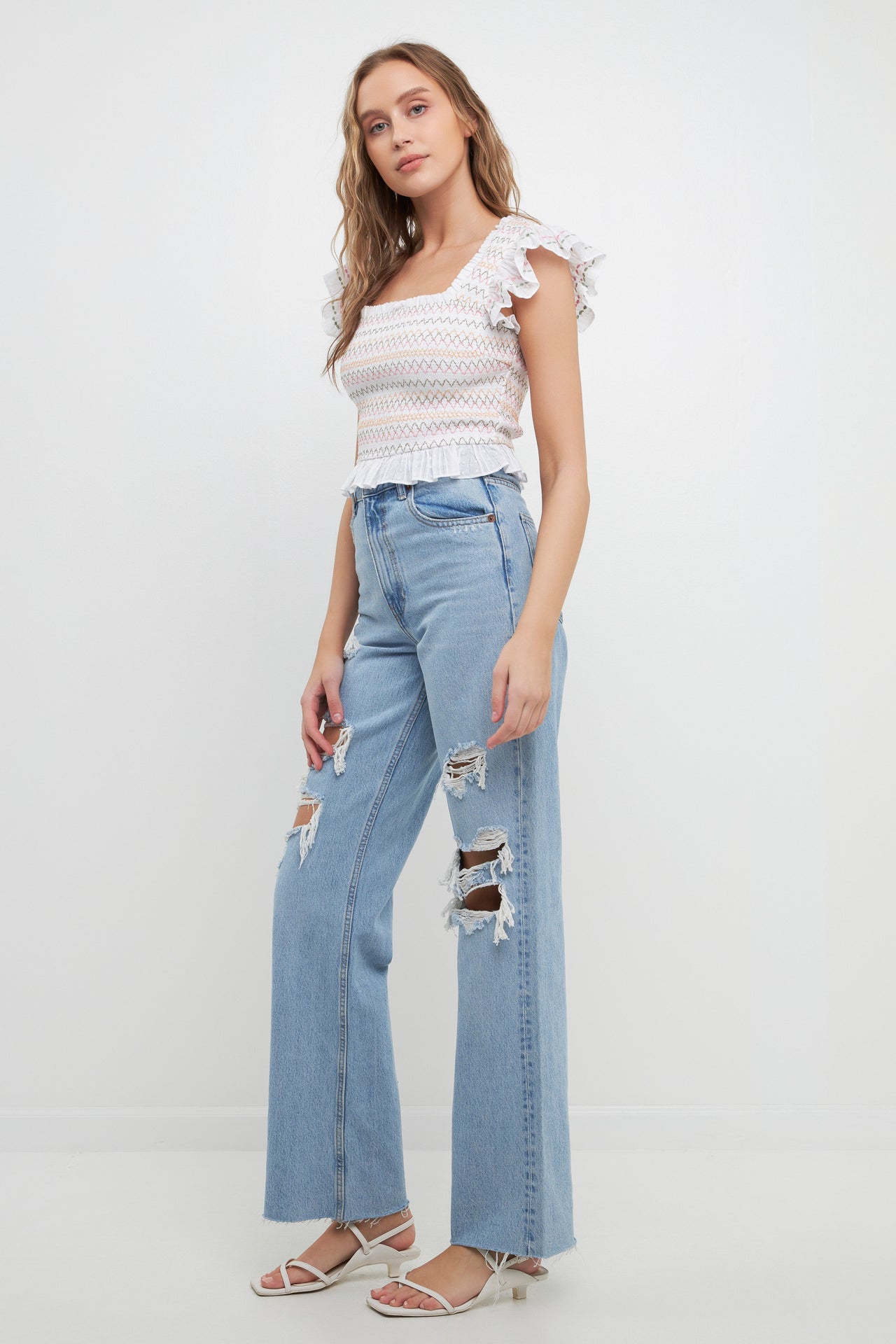 FREE THE ROSES - Smocked Multi Color Embroidered Crop Top - TOPS available at Objectrare